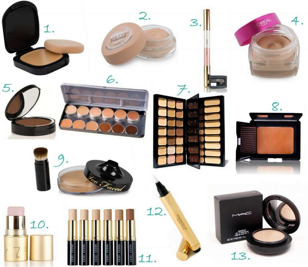 KREM-PRODUKTER: 1. Advanced Hydra Liquid Compact fra Shideido (kr 399), 2. Dream Matte Mousse fra Maybelline (kr 139), 3. Eye Highlighter Pencil fra Jane Iredale (kr 215), 4. Matte Magique Foundation fra L'Oréal Paris (kr 169), 5. Crème Deluxe Flawless Foundation fra Nvey (kr 385), 6. Matt Foundation Palette fra Ben Nye (ca kr 600 ), 7. BBU Palette fra Bobbi Brown (ca. kr 1300), 8. Noubalight fra NOUBA (kr 375), 9. BB Sponge Cake 30 Spf fra Too Faced (kr 399), 10. In Touch Highlighter Complete fra Jane Iredale (kr 345), 11. Stick Foundation fra Bobbi Brown (kr 300 per stk.), 12. Touche Éclat Radiant Touch fra Yves Saint Laurent (kr 269), 13. Mineralize Foundation fra MAC (kr 280). KREM-PRODUKTER: 1. Advanced Hydra Liquid Compact fra Shideido (kr 399), 2. Dream Matte Mousse fra Maybelline (kr 139), 3. Eye Highlighter Pencil fra Jane Iredale (kr 215), 4. Matte Magique Foundation fra L'Oréal Paris (kr 169), 5. Crème Deluxe Flawless Foundation fra Nvey (kr 385), 6. Matt Foundation Palette fra Ben Nye (ca kr 600 ), 7. BBU Palette fra Bobbi Brown (ca. kr 1300), 8. Noubalight fra NOUBA (kr 375), 9. BB Sponge Cake 30 Spf fra Too Faced (kr 399), 10. In Touch Highlighter Complete fra Jane Iredale (kr 345), 11. Stick Foundation fra Bobbi Brown (kr 300 per stk.), 12. Touche Éclat Radiant Touch fra Yves Saint Laurent (kr 269), 13. Mineralize Foundation fra MAC (kr 280).