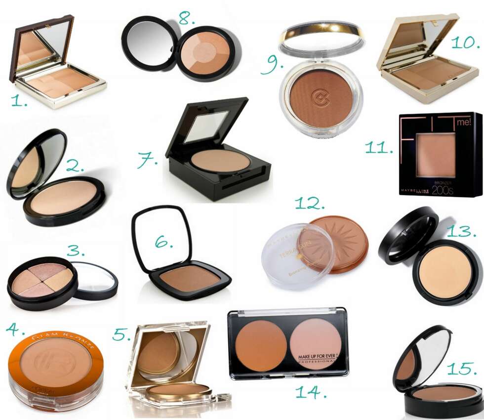 PUDDER-PRODUKTER: 1. Bronzing Duo fra Clarins (kr 385), 2. Bright Luminizing Highlighter fra Makeup Mekka (kr 49 - salg), 3. gloShimmer Brick Highlight Powder fra glóMinerals (kr 360), 4. Glam Bronze Mono fra L'Oréal Paris (kr 145), 5. Bronzy Babe Powder Compact fra Fake Bake (kr 159), 6. Ready Blush i fargen The Skinny Dip fra Bare Escentuals (kr 259), 7. Fit Me Pudder fra Maybelline (kr 129), 8. Mineral Radiance Sundance fra Youngblood (kr 485), 9. Silke Effect Bronzing Powder fra Collistar (kr 260), 10. Ever Matte Powder Compact fra Clarins (kr 390), 11, Fit Me Bronzer fra Maybelline (kr 119), 12. Dream Sun Glow fra Maybelline (kr 109), 13. Mineral Radiance Crème Powder Foundation fra Youngblood (kr 655), 14. Professional Sculpting Kit fra Make Up For Ever (kr ), 15. Nourishing Bronzer fra Nvey (kr 272,50). PUDDER-PRODUKTER: 1. Bronzing Duo fra Clarins (kr 385), 2. Bright Luminizing Highlighter fra Makeup Mekka (kr 49 - salg), 3. gloShimmer Brick Highlight Powder fra glóMinerals (kr 360), 4. Glam Bronze Mono fra L'Oréal Paris (kr 145), 5. Bronzy Babe Powder Compact fra Fake Bake (kr 159), 6. Ready Blush i fargen The Skinny Dip fra Bare Escentuals (kr 259), 7. Fit Me Pudder fra Maybelline (kr 129), 8. Mineral Radiance Sundance fra Youngblood (kr 485), 9. Silke Effect Bronzing Powder fra Collistar (kr 260), 10. Ever Matte Powder Compact fra Clarins (kr 390), 11, Fit Me Bronzer fra Maybelline (kr 119), 12. Dream Sun Glow fra Maybelline (kr 109), 13. Mineral Radiance Crème Powder Foundation fra Youngblood (kr 655), 14. Professional Sculpting Kit fra Make Up For Ever (kr ), 15. Nourishing Bronzer fra Nvey (kr 272,50).