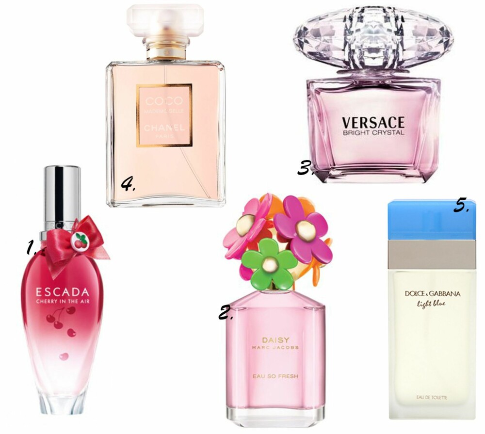 TOPPER LISTEN: 1. Escada Cherry in the Air. 2. Marc Jacobs Daisy So Fresh Sunshine. 3. Versace Bright Crystal. 4. Chanel Coco Mademoiselle. 5. Dolce&Gabbana Light Blue. TOPPER LISTEN: 1. Escada Cherry in the Air. 2. Marc Jacobs Daisy So Fresh Sunshine. 3. Versace Bright Crystal. 4. Chanel Coco Mademoiselle. 5. Dolce&Gabbana Light Blue.