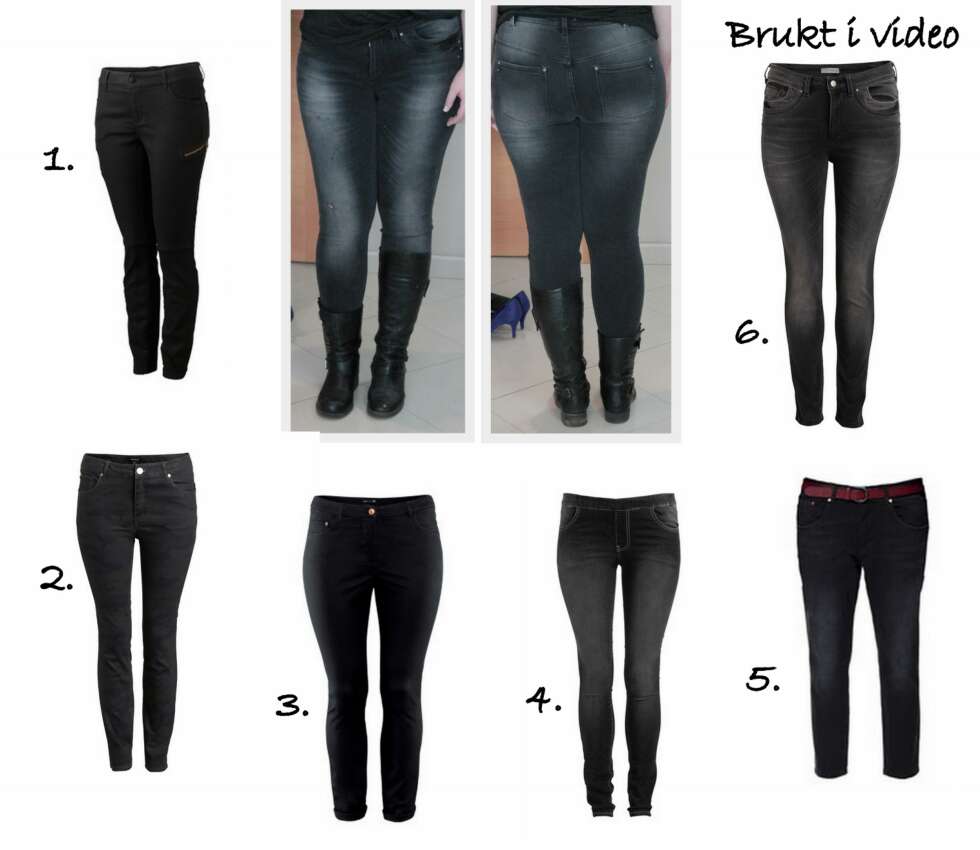 MØRKE JEANS: 1. Sort Capri Bukse fra Kappahl EXLNT str. 44-54 (kr 399), 2. Mørk Jeans med kamuflasjeprint fra Lindex Generous (kr 499), 3. Capribukser Sort fra HM+ str. 44-54 (kr 249), 4. Stretchjeggings Alva fra Ellos str. 42-62 (kr 249), 5. Mørk Boyfriend Jeans fra Zara str. 34-44 (kr 559), 6. Gråslitt Skinny-Jeans fra Lindex Generous (kr 499). MØRKE JEANS: 1. Sort Capri Bukse fra Kappahl EXLNT str. 44-54 (kr 399), 2. Mørk Jeans med kamuflasjeprint fra Lindex Generous (kr 499), 3. Capribukser Sort fra HM+ str. 44-54 (kr 249), 4. Stretchjeggings Alva fra Ellos str. 42-62 (kr 249), 5. Mørk Boyfriend Jeans fra Zara str. 34-44 (kr 559), 6. Gråslitt Skinny-Jeans fra Lindex Generous (kr 499).
