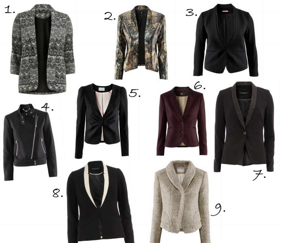 JAKKER: 1. Black and White Lace Print Jacket fra Dorothyperkins.com (ca kr 385), 2. Leopardmønstret blazer fra H&M (kr 499), 3. H&M+ Blazer (kr 499), 4. Jakke med gjennvunnet ull fra H&M (kr 299), 5. Blazer fra H&M (kr 399), 6. Vinrød blazer fra H&M (kr 399), 7. Black Studded Collar Jacket fra dorothyperkins.com (ca kr 400), 8. Black Ivory Contrast Tux 40 fra dorothyperkins.com (ca kr 305), 9. Kort jakke fra H&M (kr 599). JAKKER: 1. Black and White Lace Print Jacket fra Dorothyperkins.com (ca kr 385), 2. Leopardmønstret blazer fra H&M (kr 499), 3. H&M+ Blazer (kr 499), 4. Jakke med gjennvunnet ull fra H&M (kr 299), 5. Blazer fra H&M (kr 399), 6. Vinrød blazer fra H&M (kr 399), 7. Black Studded Collar Jacket fra dorothyperkins.com (ca kr 400), 8. Black Ivory Contrast Tux 40 fra dorothyperkins.com (ca kr 305), 9. Kort jakke fra H&M (kr 599).