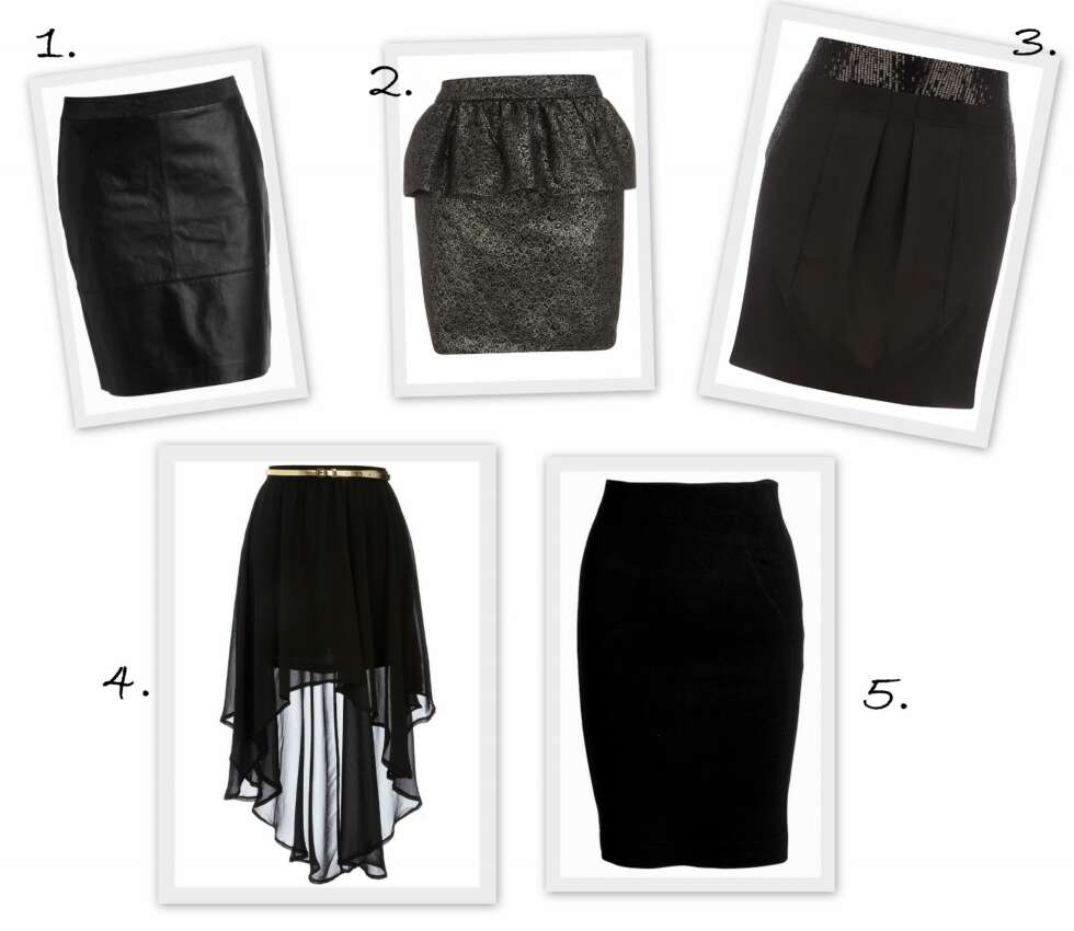 SKJØRT: 1. Sort skinnskjørt fra Ellos (kr 899), 2. Black and Silver Peplum Skirt fra Dorothyperkins.com (ca kr 250), 3. Black Embellished Sequin Skirt fra Dorothyperkins.com (ca kr 110), 4. Black Dip Hem Skirt fra Dorothyperkins.com (ca kr 235 ), 5. Sort bomullsskjørt fra Ellos (kr 199). SKJØRT: 1. Sort skinnskjørt fra Ellos (kr 899), 2. Black and Silver Peplum Skirt fra Dorothyperkins.com (ca kr 250), 3. Black Embellished Sequin Skirt fra Dorothyperkins.com (ca kr 110), 4. Black Dip Hem Skirt fra Dorothyperkins.com (ca kr 235 ), 5. Sort bomullsskjørt fra Ellos (kr 199).
