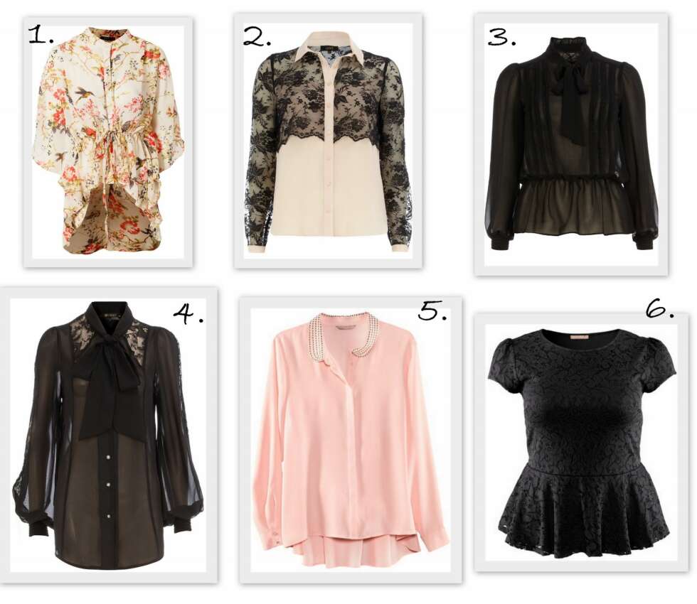BLUSER: 1. Rut M.FL. Lis Bird Blouse fra Nelly.no (kr 259), 2. Luxe Long Sleeved Lace Shirt fra Dorothyperkins.com (ca kr 270), 3. Black Victoriana Blouse fra Dorothyperkins.com (ca kr 180), 4. Lace Insert Pussy Bow Blouse fra Dorothyperkins.com (ca kr 180), 5. Bluse fra H&M+ (kr 299), 6. Topp fra H&M+ (kr 299). BLUSER: 1. Rut M.FL. Lis Bird Blouse fra Nelly.no (kr 259), 2. Luxe Long Sleeved Lace Shirt fra Dorothyperkins.com (ca kr 270), 3. Black Victoriana Blouse fra Dorothyperkins.com (ca kr 180), 4. Lace Insert Pussy Bow Blouse fra Dorothyperkins.com (ca kr 180), 5. Bluse fra H&M+ (kr 299), 6. Topp fra H&M+ (kr 299).