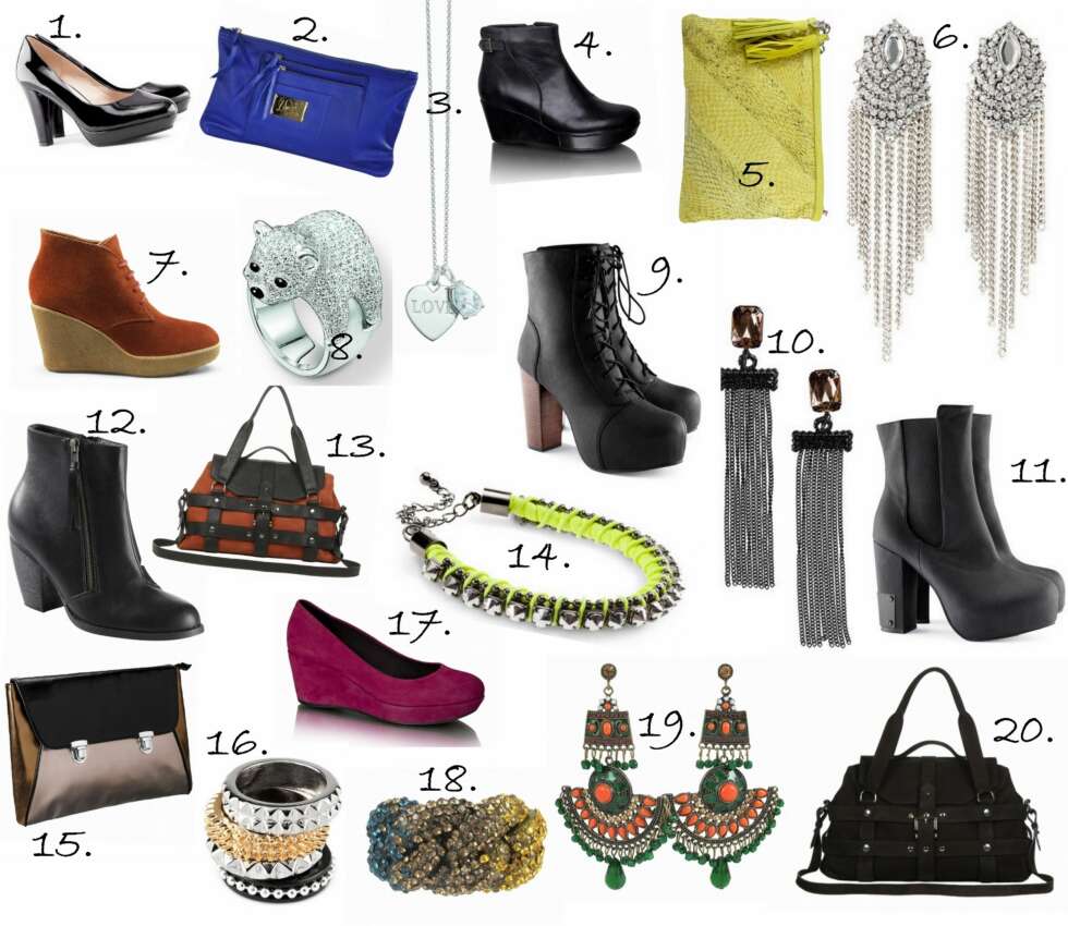 ACCESSOIRER: 1. Shiny-pumps fra H&M (kr 299), 2. Clutch fra Ellos (kr 599), 3. Smykke fra Thomas Sabo, 4. Sleek Wedge Ankle Boot fra Vagabond (kr 999), 5. Clutch fra Cecilie Melli (kr 1900), 6. Øredobber fra H&M (kr 69,50), 7. Nicky Orange sko fra Geox (kr 1249), 8. Bjørne-ring fra Thomas Sabo (kr 3380), 9. Støvletter fra H&M (kr 399), 10. Øredobber fra H&M (kr 59,50), 11. Boots fra H&M (kr 399), 12. Ankel Boot fra Ellos (kr 399), 13. Gumma Black & Cinnamon veske fra Cala & Jade (kr 5999), 14. Neonfarget armbånd fra H&M (kr 49,50), 15. Metallic Clutch fra Ellos, 16. 4-pack ringer fra H&M (kr 49,50), 17. Suede Pink Ballerina Wedge fra Vagabond (kr 799), 18. Flette armbånd fra Cecilie Melli (kr 350), 19. Guatamala øredobber fra Cecilie Melli, 20. Gumma Black veske fra Cala & Jade (kr 5999). ACCESSOIRER: 1. Shiny-pumps fra H&M (kr 299), 2. Clutch fra Ellos (kr 599), 3. Smykke fra Thomas Sabo, 4. Sleek Wedge Ankle Boot fra Vagabond (kr 999), 5. Clutch fra Cecilie Melli (kr 1900), 6. Øredobber fra H&M (kr 69,50), 7. Nicky Orange sko fra Geox (kr 1249), 8. Bjørne-ring fra Thomas Sabo (kr 3380), 9. Støvletter fra H&M (kr 399), 10. Øredobber fra H&M (kr 59,50), 11. Boots fra H&M (kr 399), 12. Ankel Boot fra Ellos (kr 399), 13. Gumma Black & Cinnamon veske fra Cala & Jade (kr 5999), 14. Neonfarget armbånd fra H&M (kr 49,50), 15. Metallic Clutch fra Ellos, 16. 4-pack ringer fra H&M (kr 49,50), 17. Suede Pink Ballerina Wedge fra Vagabond (kr 799), 18. Flette armbånd fra Cecilie Melli (kr 350), 19. Guatamala øredobber fra Cecilie Melli, 20. Gumma Black veske fra Cala & Jade (kr 5999).