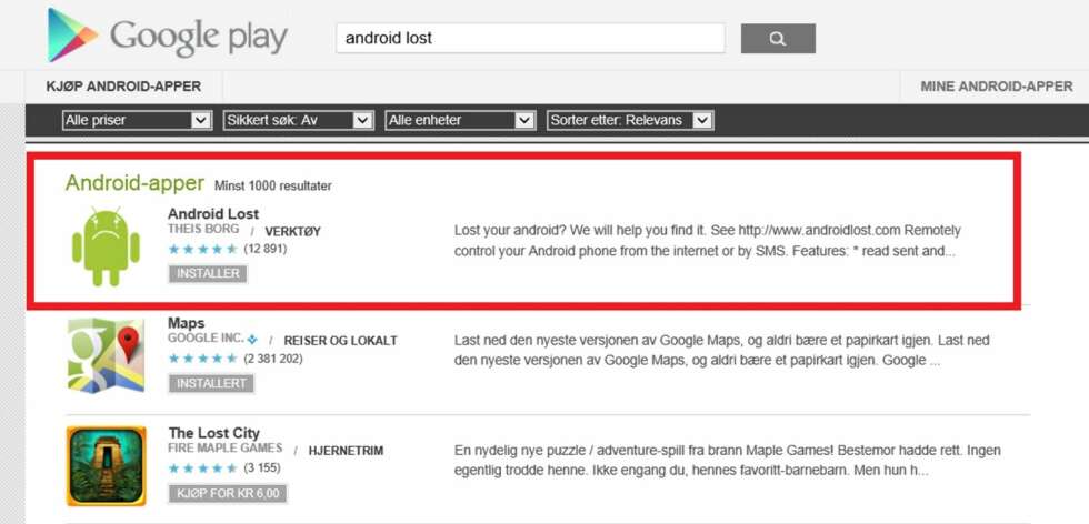 1. Hvis du allerede har mistet telefonen din, kan du logge inn i Google Play i nettleseren og finne appen Android Lost. Logg inn med Google-kontoen din, og klikk på Installer (Dette kan naturligvis også gjøres fra telefonen). 1. Hvis du allerede har mistet telefonen din, kan du logge inn i Google Play i nettleseren og finne appen Android Lost. Logg inn med Google-kontoen din, og klikk på Installer (Dette kan naturligvis også gjøres fra telefonen).