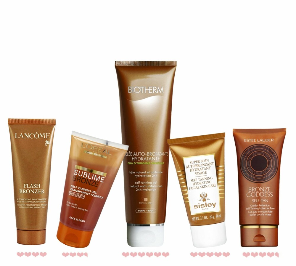 TESTET: Fra venstre: Flash bronzer fra Lancôme, kr 290. Sublime bronzer fra L'oréal, kr 170. Gelée Auto-Bronzante Hydratante fra Biotherm, kr 210. Sisley Selftanning, kr 770. Bronze goddess fra Estée Lauder, kr 240. TESTET: Fra venstre: Flash bronzer fra Lancôme, kr 290. Sublime bronzer fra L'oréal, kr 170. Gelée Auto-Bronzante Hydratante fra Biotherm, kr 210. Sisley Selftanning, kr 770. Bronze goddess fra Estée Lauder, kr 240.