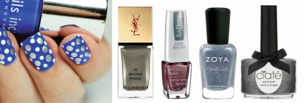 MOTIV MED MØNSTER: Fra venstre: Bronze Pyrtic fra YSL, kr 225,-, Macchiato fra Isadora, kr 89,-, Pixie Dust fra Zoya, kr 169,-, Looking Glass fra Ciaté, kr 129,-. MOTIV MED MØNSTER: Fra venstre: Bronze Pyrtic fra YSL, kr 225,-, Macchiato fra Isadora, kr 89,-, Pixie Dust fra Zoya, kr 169,-, Looking Glass fra Ciaté, kr 129,-.