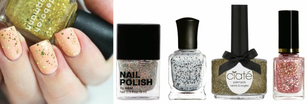 TO LAG MED GLITTER: Fra venstre: Glitter fra H&M, kr 40,-, Polka Dots and Moonbeams fra Deborah Lippmann, kr 179,-, Carousel fra Ciaté, kr 129,-, Glitter Rose fra Nilens Jord, kr 159,- TO LAG MED GLITTER: Fra venstre: Glitter fra H&M, kr 40,-, Polka Dots and Moonbeams fra Deborah Lippmann, kr 179,-, Carousel fra Ciaté, kr 129,-, Glitter Rose fra Nilens Jord, kr 159,-