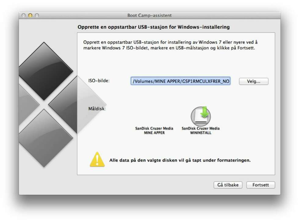 4. Tilbake i Boot Camp skal du nå fortelle hvor ISO-filen med Windows ligger. Nedenfor velger du minnepinnen du vil klargjøre for å installere Windows fra. 4. Tilbake i Boot Camp skal du nå fortelle hvor ISO-filen med Windows ligger. Nedenfor velger du minnepinnen du vil klargjøre for å installere Windows fra.