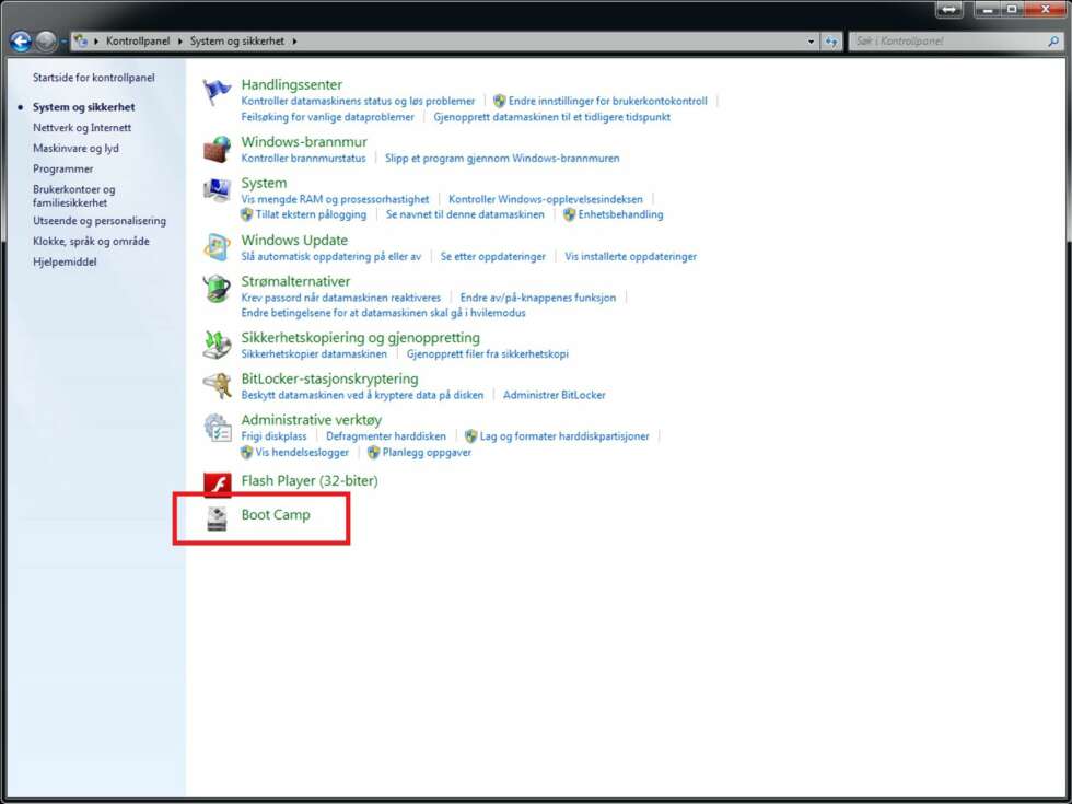 9. I Windows får du nå opp et ekstra valg nederst i Kontrollpanelet som heter «Boot Camp». 9. I Windows får du nå opp et ekstra valg nederst i Kontrollpanelet som heter «Boot Camp».