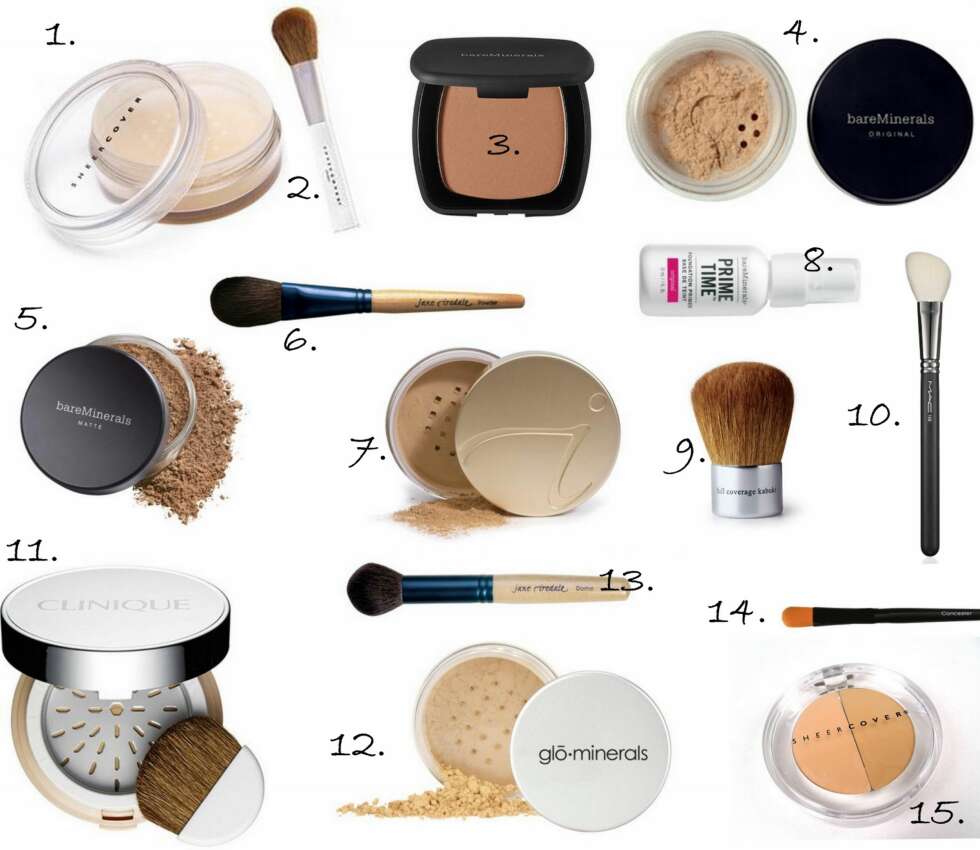MINERALSMINKE: 1. Mineral Foundation fra SheerCover (kr 199), 2. Powder Brush fra Sheer Cover (kr 149), 3. Ready Bronzer i fargen The Skinny Dip fra Bare Minerals (kr 239), 4. Original Foundation fra Bare Minerals (kr 450), 5. Matte Foundation fra Bare Minerals (kr 450), 6. Chisel Powder Brush fra Jane Iredale (kr 298), 7. Amazing Base Foundation fra Jane Iredale (kr 490), 8. Prime Time Foundation Primer fra Bare Minerals (kr 215), 9. Full Coverage Kabuki Brush fra Bare Minerals (kr 239), 10. Large Angled Contour Brush #168 fra MAC (kr 315), 11. Superbalanced Mineral Powder fra Clinique (kr 325), 12. Loose Base Foundation fra Glo Minerals (kr 525), 13. Dome pensel fra Jane Iredale (kr 360), 14. Concealer Brush fra Youngblood (kr 349), 15. Duo Concealer fra Sheer Cover (kr 99). MINERALSMINKE: 1. Mineral Foundation fra SheerCover (kr 199), 2. Powder Brush fra Sheer Cover (kr 149), 3. Ready Bronzer i fargen The Skinny Dip fra Bare Minerals (kr 239), 4. Original Foundation fra Bare Minerals (kr 450), 5. Matte Foundation fra Bare Minerals (kr 450), 6. Chisel Powder Brush fra Jane Iredale (kr 298), 7. Amazing Base Foundation fra Jane Iredale (kr 490), 8. Prime Time Foundation Primer fra Bare Minerals (kr 215), 9. Full Coverage Kabuki Brush fra Bare Minerals (kr 239), 10. Large Angled Contour Brush #168 fra MAC (kr 315), 11. Superbalanced Mineral Powder fra Clinique (kr 325), 12. Loose Base Foundation fra Glo Minerals (kr 525), 13. Dome pensel fra Jane Iredale (kr 360), 14. Concealer Brush fra Youngblood (kr 349), 15. Duo Concealer fra Sheer Cover (kr 99).