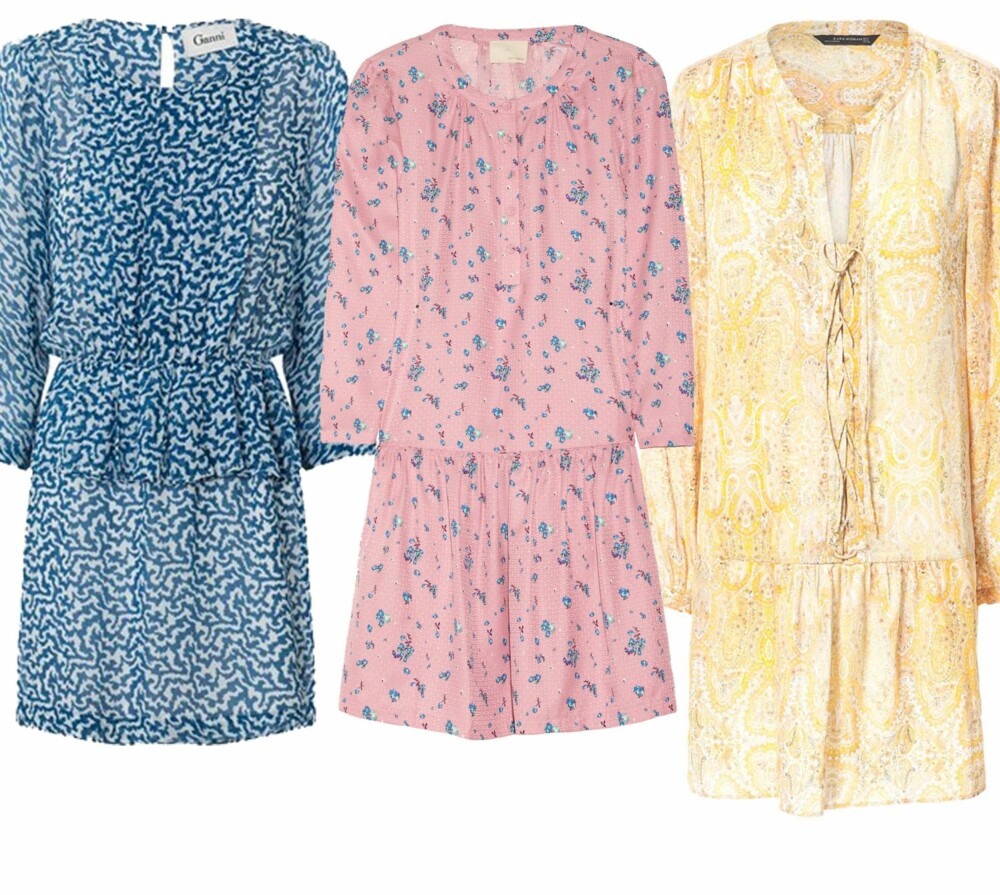 MALERISKE MØNSTRE: Fra venstre: Ganni, kr 999. Band Of Outsiders/net-a-porter.com, kr 2200. Zara, kr 559. MALERISKE MØNSTRE: Fra venstre: Ganni, kr 999. Band Of Outsiders/net-a-porter.com, kr 2200. Zara, kr 559.