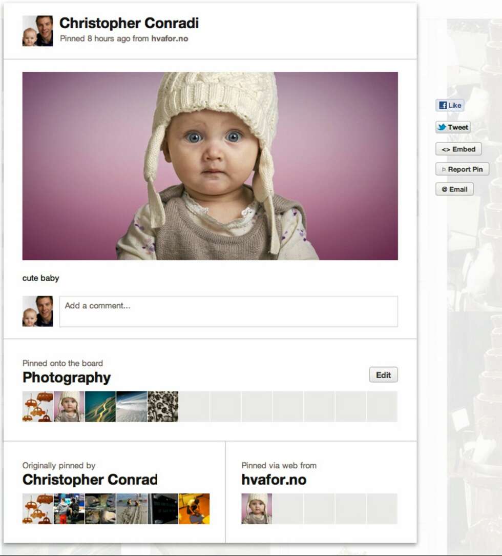 BILDEDETALJER: Hvis man klikker på et bilde får man opp en del informasjon over hvor det ligger på pinterest, hvilket nettsted bildet opprinnelig kommer fra og hvilke kommentarer bildet har fått BILDEDETALJER: Hvis man klikker på et bilde får man opp en del informasjon over hvor det ligger på pinterest, hvilket nettsted bildet opprinnelig kommer fra og hvilke kommentarer bildet har fått