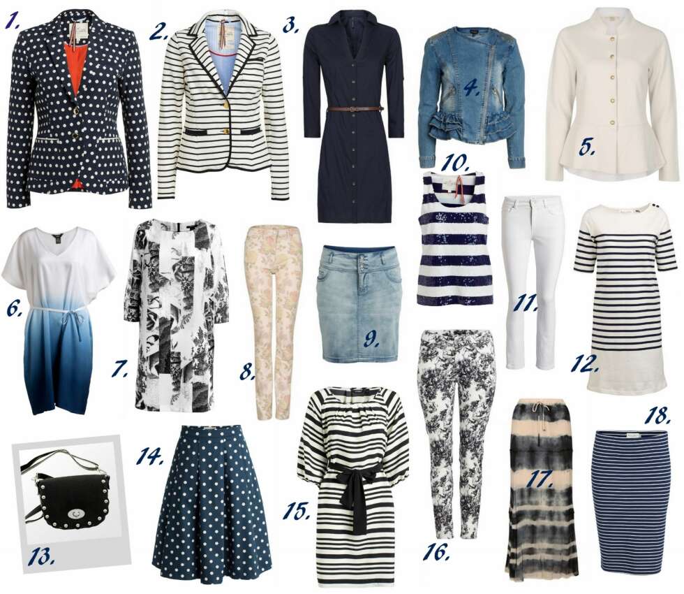 KLASSIKERE: 1. Holly & Whyte Polkadott Blazer fra Lindex (kr 399), 2. Holly & Whyte Stripete Blazer fra Lindex (kr 499), 3. Shirt Dress fra Mango (kr 299), 4. Denim Bikerjakke fra Kappahl (kr 399), 5. Celeb Jacket fra Vivikes (kr 499), 6. Kjole med gradert farge fra Ellos (kr 299), 7. A-formet kjole fra Ellos (kr 399), 8. Betty Rose Jeans fra Vivikes (kr 399), 9. Denimskjørt fra Kappahl XLNT (kr 399), 10. Holly & Whyte Stripete Topp fra Lindex (kr 349), 11. Hvite bukser fra Lindex (kr 399), 12. Bomullskjole fra Lindex (kr 399), 13. Veske fra Glitter (kr 129), 14. Polkadott A-formet skjørt fra Lindex (kr 199), 15. Stripete kjole fra Lindex (kr 199), 16. Blomsterprint Bukse fra Lindex Generous (kr 399), 17. Long Skirt fra Vivikes (kr 599), 18. Holly & Whyte Tubeskjørt fra Lindex (kr 199). KLASSIKERE: 1. Holly & Whyte Polkadott Blazer fra Lindex (kr 399), 2. Holly & Whyte Stripete Blazer fra Lindex (kr 499), 3. Shirt Dress fra Mango (kr 299), 4. Denim Bikerjakke fra Kappahl (kr 399), 5. Celeb Jacket fra Vivikes (kr 499), 6. Kjole med gradert farge fra Ellos (kr 299), 7. A-formet kjole fra Ellos (kr 399), 8. Betty Rose Jeans fra Vivikes (kr 399), 9. Denimskjørt fra Kappahl XLNT (kr 399), 10. Holly & Whyte Stripete Topp fra Lindex (kr 349), 11. Hvite bukser fra Lindex (kr 399), 12. Bomullskjole fra Lindex (kr 399), 13. Veske fra Glitter (kr 129), 14. Polkadott A-formet skjørt fra Lindex (kr 199), 15. Stripete kjole fra Lindex (kr 199), 16. Blomsterprint Bukse fra Lindex Generous (kr 399), 17. Long Skirt fra Vivikes (kr 599), 18. Holly & Whyte Tubeskjørt fra Lindex (kr 199).