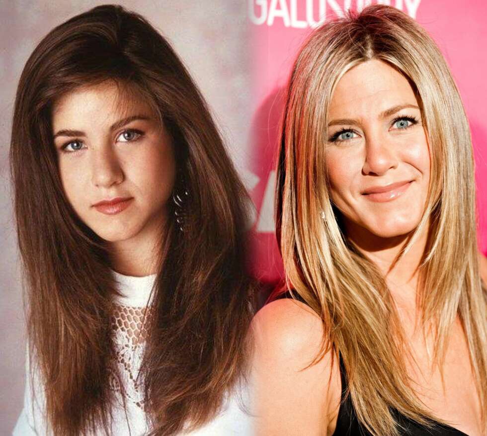 JENNIFER ANISTON: Født brunette med tykt og litt brusete hår ser Jennifer nesten ugjenkjennelig ut. Nå er håret lyst, huden solbrun og vippene lange og falske. JENNIFER ANISTON: Født brunette med tykt og litt brusete hår ser Jennifer nesten ugjenkjennelig ut. Nå er håret lyst, huden solbrun og vippene lange og falske.
