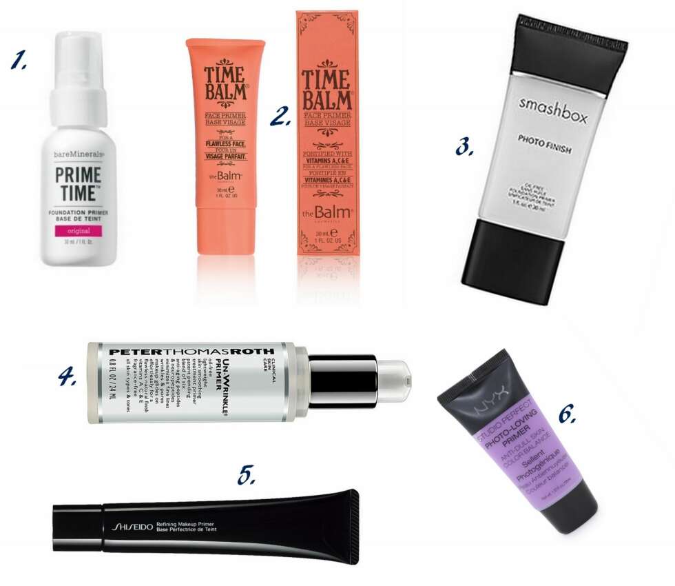GODE PRIMERE I/II: 1. Prime Time Foundation Primer fra Bare Minerals (kr 215), 2. Time Balm Face Primer fra The Balm (kr 249), 3. Photo Finish Primer fra Smashbox (kr 260), 4. Un-Wrinkle Primer fra Peter Thomas Roth (kr 355), 5. Refining Makeup Primer fra Shiseido (kr 369), 6. Studio Perfect Primer Anti Dull Skin fra Nyx Cosmetics (kr 250. GODE PRIMERE I/II: 1. Prime Time Foundation Primer fra Bare Minerals (kr 215), 2. Time Balm Face Primer fra The Balm (kr 249), 3. Photo Finish Primer fra Smashbox (kr 260), 4. Un-Wrinkle Primer fra Peter Thomas Roth (kr 355), 5. Refining Makeup Primer fra Shiseido (kr 369), 6. Studio Perfect Primer Anti Dull Skin fra Nyx Cosmetics (kr 250.