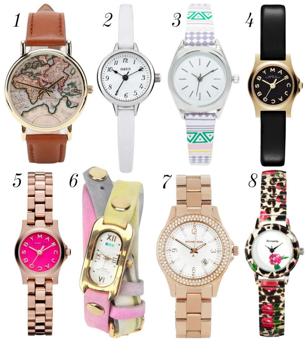 SESONGENS FINESTE KLOKKER: 1. Urban Outfitters, kr 225. 2. Oasis, kr 270. 3. Asos, kr 199. 4. Marc by Marc Jacobs, kr 1075. 5. Marc by Marc Jacobs, kr 1434. 6. Urban Outfitters, kr 665. 7. Michael Kors/net-a-porter.com, kr 1385. 8. Accessorize, kr 299. SESONGENS FINESTE KLOKKER: 1. Urban Outfitters, kr 225. 2. Oasis, kr 270. 3. Asos, kr 199. 4. Marc by Marc Jacobs, kr 1075. 5. Marc by Marc Jacobs, kr 1434. 6. Urban Outfitters, kr 665. 7. Michael Kors/net-a-porter.com, kr 1385. 8. Accessorize, kr 299.