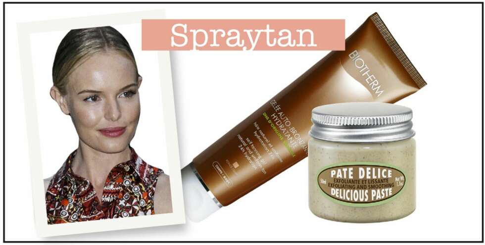 SPRAYTAN: Juks deg til skuespiller Kate Bosworths fantastiske glød med spraytan eller selvbruningskrem. Selvbruningskremen Gelèe Auto-Bronzante Hydratante fra Biotherm, kr 210. Pate Delice peelingkrem fra L`Occataine, kr 119. SPRAYTAN: Juks deg til skuespiller Kate Bosworths fantastiske glød med spraytan eller selvbruningskrem. Selvbruningskremen Gelèe Auto-Bronzante Hydratante fra Biotherm, kr 210. Pate Delice peelingkrem fra L`Occataine, kr 119.