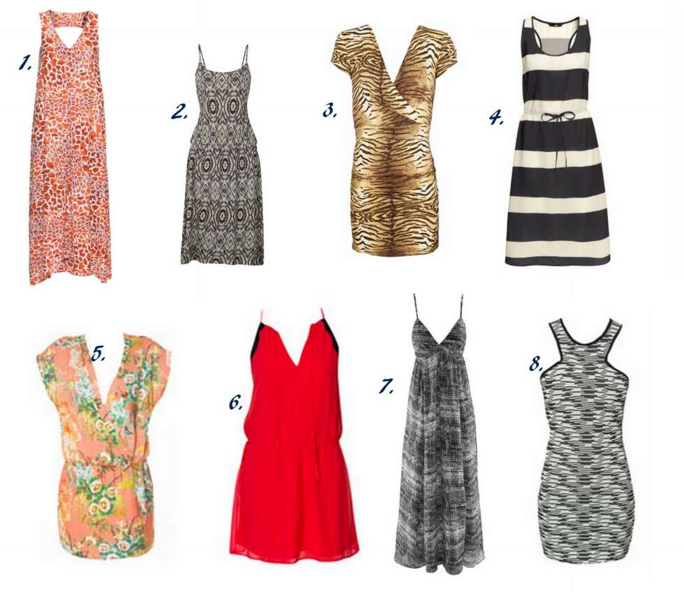 STYR UNNA DISSE: 1. Uflatterende form og merkelig giraffprint - Mønstret maxikjole fra H&M (kr 349), 2. Uheldig søm rett under magen - Joy Dress fra Cubus (kr 199), 3. Vulgært og too-much - Animal Print Wrapped Dress fra Mango (kr 449), 4. Posete og uheldig snøring - Stripete Kjole fra H&M (kr 199), 5. Uflatterende farger - Kjole fra Zara (kr 399), 6. Vanskelig snitt - Combination Dress with Bow fra Zara (kr 299), 7. Dobbel-pupp - Kjole fra H&M (kr 399), 8. Vanskelige skuldre og uheldig print - Strappy Dress fra Zara (kr 299). STYR UNNA DISSE: 1. Uflatterende form og merkelig giraffprint - Mønstret maxikjole fra H&M (kr 349), 2. Uheldig søm rett under magen - Joy Dress fra Cubus (kr 199), 3. Vulgært og too-much - Animal Print Wrapped Dress fra Mango (kr 449), 4. Posete og uheldig snøring - Stripete Kjole fra H&M (kr 199), 5. Uflatterende farger - Kjole fra Zara (kr 399), 6. Vanskelig snitt - Combination Dress with Bow fra Zara (kr 299), 7. Dobbel-pupp - Kjole fra H&M (kr 399), 8. Vanskelige skuldre og uheldig print - Strappy Dress fra Zara (kr 299).