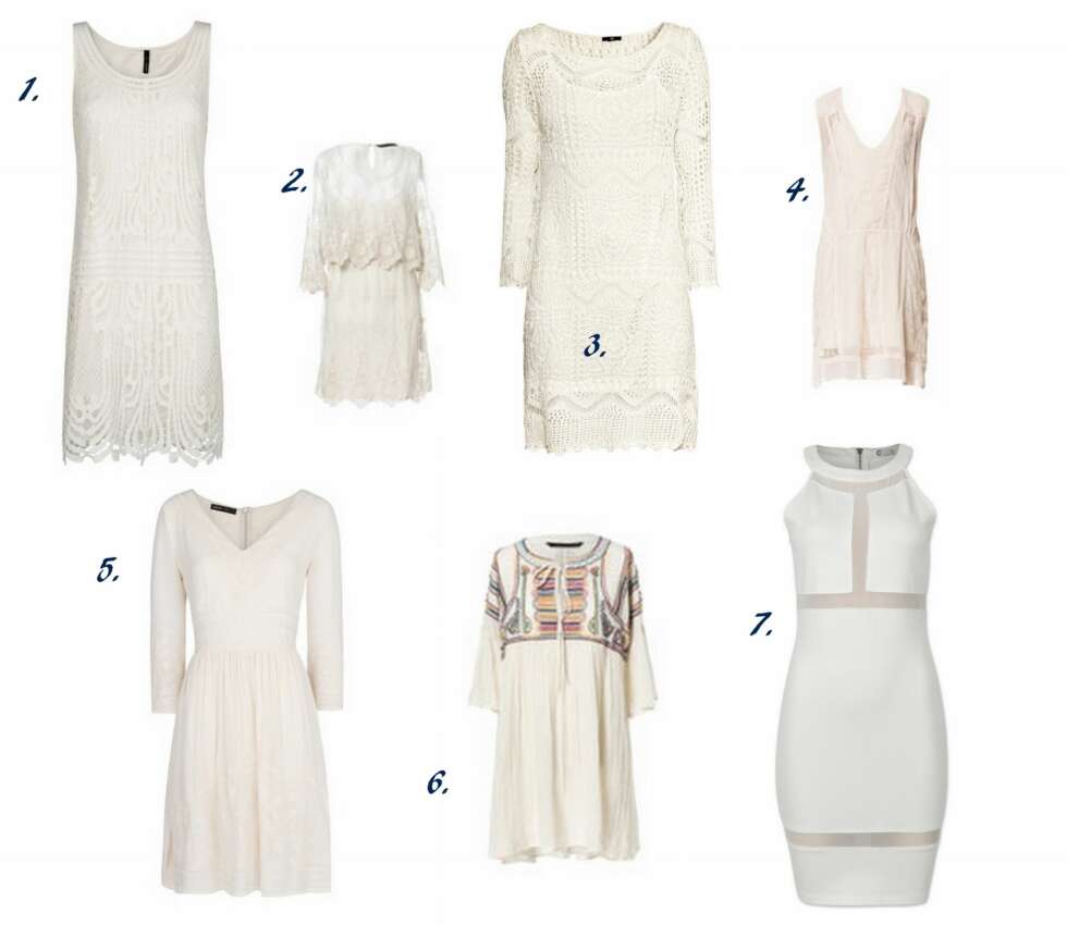 FINE OG HVITE: 1. Crochet Kjole fra Mango (kr 599), 2. To-delt blondekjole fra Zara (kr 699), 3. Strikket kjole fra H&M (kr 299), 4. Blondekjole fra Zara (kr 559), 5. Chiffon Boho Kjole fra Mango kr 599, 6.Tunika-kjole fra Zara (kr 699), 7. Weronika Dress fra Cubus (kr 299). FINE OG HVITE: 1. Crochet Kjole fra Mango (kr 599), 2. To-delt blondekjole fra Zara (kr 699), 3. Strikket kjole fra H&M (kr 299), 4. Blondekjole fra Zara (kr 559), 5. Chiffon Boho Kjole fra Mango kr 599, 6.Tunika-kjole fra Zara (kr 699), 7. Weronika Dress fra Cubus (kr 299).