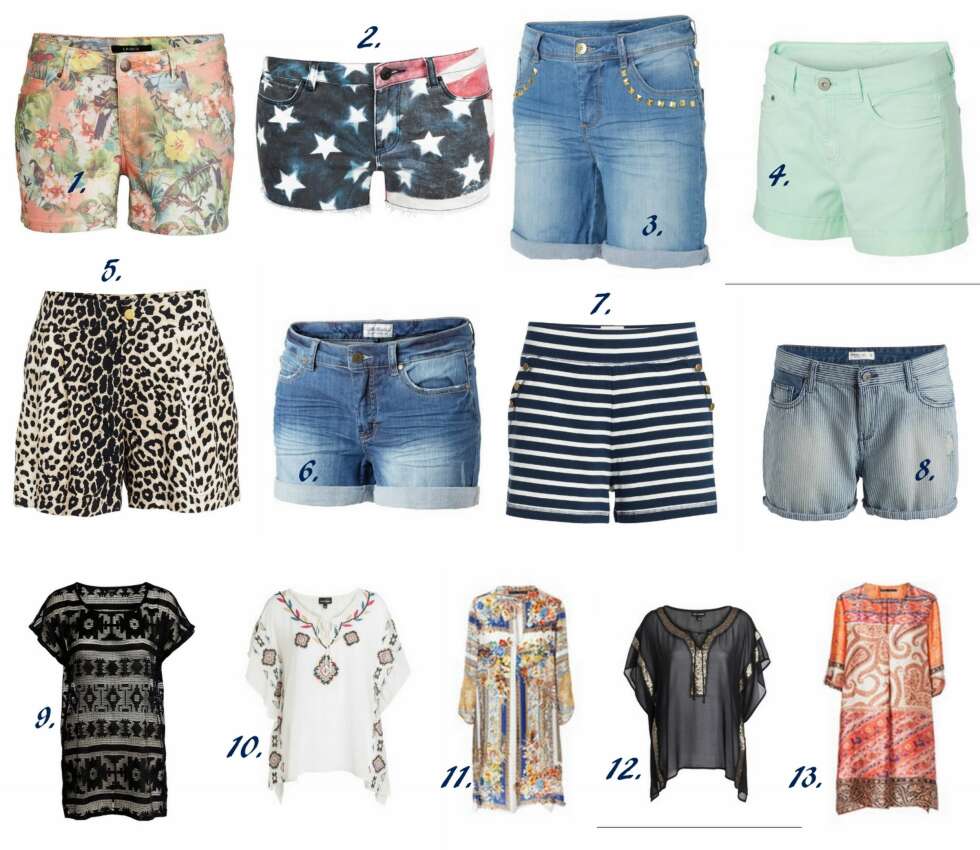 SHORTS - DET NYE SKJØRTET: 1. Blomsterprint shorts fra Lindex (kr 249), 2. Dallas shorts fra Cubus (kr 399), 3. Denim-shorts med studs fra Kappahl (kr 299), 4. Mintgrønn shorts fra Kappahl (kr 149), 5. Leopard-shorts fra Lindex (kr 199), 6. Denim-shorts fra Kappahl (kr 299), 7. Stripete shorts fra Lindex (kr 199), 8. Shorts fra Lindex (kr 249), 9. Blondetopp fra Lindex (kr 249), 10. Boho-tunike fra Kappahl (kr 299), 11. Scarf Print Kjole fra Zara (kr 399), 12. Tunika fra Kappahl (kr 299), 13. Tunika fra Zara (kr 399). SHORTS - DET NYE SKJØRTET: 1. Blomsterprint shorts fra Lindex (kr 249), 2. Dallas shorts fra Cubus (kr 399), 3. Denim-shorts med studs fra Kappahl (kr 299), 4. Mintgrønn shorts fra Kappahl (kr 149), 5. Leopard-shorts fra Lindex (kr 199), 6. Denim-shorts fra Kappahl (kr 299), 7. Stripete shorts fra Lindex (kr 199), 8. Shorts fra Lindex (kr 249), 9. Blondetopp fra Lindex (kr 249), 10. Boho-tunike fra Kappahl (kr 299), 11. Scarf Print Kjole fra Zara (kr 399), 12. Tunika fra Kappahl (kr 299), 13. Tunika fra Zara (kr 399).