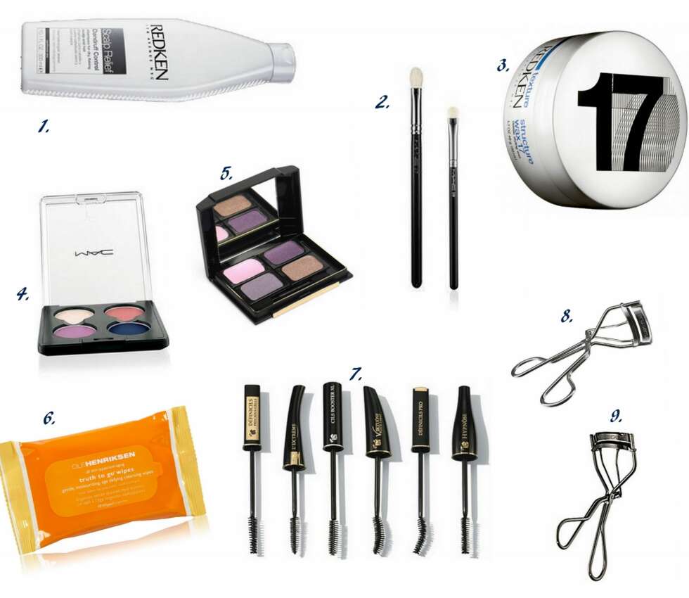 FAVORITTENE: 1. Scalp Relief Dandruff Control Shampoo fra Redken, 2. Øyeskyggekoster fra MAC, 3. Classic Wax no. 17 fra Redken, 4. Øyeskygger fra MAC, 5. Øyeskygger fra Zanzuel, 6. Ansiktsrens Wipes fra Ole Henriksen, 7. Masakar fra Lancôme, 8. Vippetang fra Shu Uemura, Vippetang fra Shiseido. FAVORITTENE: 1. Scalp Relief Dandruff Control Shampoo fra Redken, 2. Øyeskyggekoster fra MAC, 3. Classic Wax no. 17 fra Redken, 4. Øyeskygger fra MAC, 5. Øyeskygger fra Zanzuel, 6. Ansiktsrens Wipes fra Ole Henriksen, 7. Masakar fra Lancôme, 8. Vippetang fra Shu Uemura, Vippetang fra Shiseido.