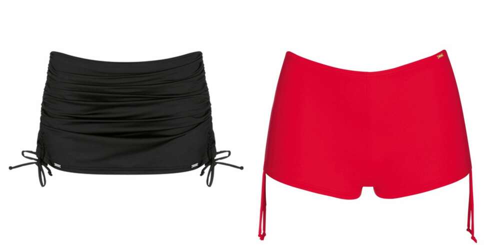 UNDERDELER: Dersom du ønsker å dekke til rumpe og lår, kan du gå for en underdel bestående av litt mer stoff. Fra venstre: Svart skjørte-bikini fra Triumph, kr 399. Rosa boksershorts Triumph, kr 299. Badetøy med shapingeffekt kjennetegnes ofte ved at de har rynker i sidene - slik som disse to. UNDERDELER: Dersom du ønsker å dekke til rumpe og lår, kan du gå for en underdel bestående av litt mer stoff. Fra venstre: Svart skjørte-bikini fra Triumph, kr 399. Rosa boksershorts Triumph, kr 299. Badetøy med shapingeffekt kjennetegnes ofte ved at de har rynker i sidene - slik som disse to.