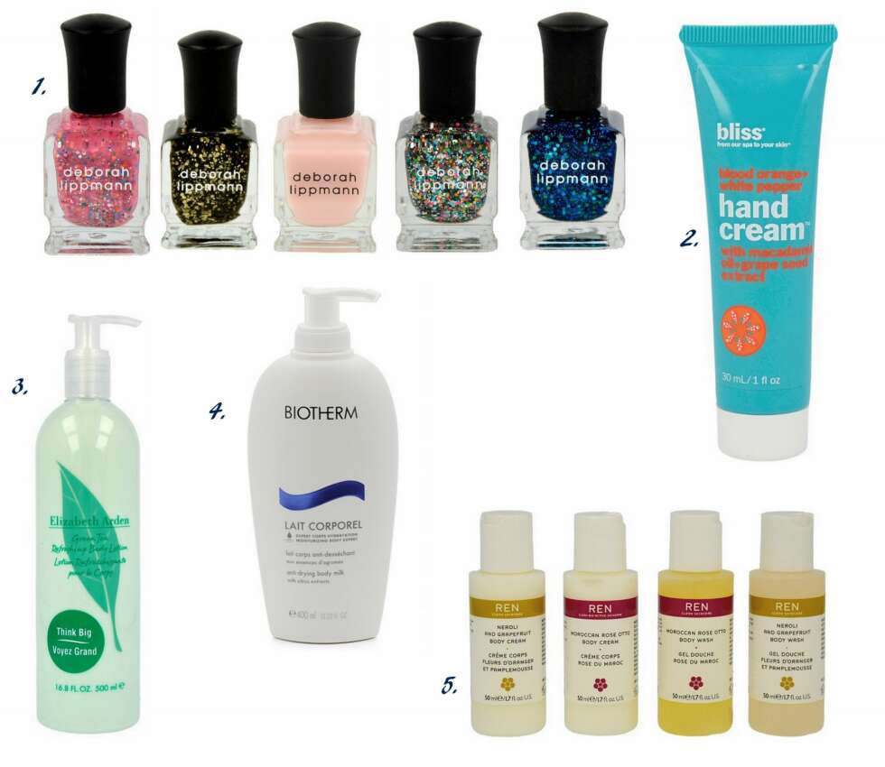 PERSONLIG TOUCH: 1. Deborah Lippman Neglelakker fra Blush.no (kr 169 per stk), 2. Bliss Blood Orange & White Pepper Hand Cream fra Blush.no (kr 89), 3. Elizabeth Arden Green Tea Body Lotion fra Blush.no (kr 169), 4. Biotherm Lait Corporel Anti-Drying Body Milk fra Blush.no (kr 199), 5. REN Mini Body Gift Set fra Blush.no (kr 199). PERSONLIG TOUCH: 1. Deborah Lippman Neglelakker fra Blush.no (kr 169 per stk), 2. Bliss Blood Orange & White Pepper Hand Cream fra Blush.no (kr 89), 3. Elizabeth Arden Green Tea Body Lotion fra Blush.no (kr 169), 4. Biotherm Lait Corporel Anti-Drying Body Milk fra Blush.no (kr 199), 5. REN Mini Body Gift Set fra Blush.no (kr 199).