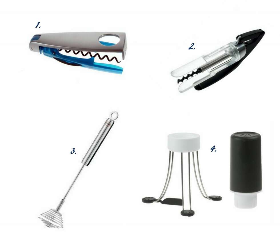 IKKE SÅ BRA SOM DU TROR: 1. Screwpull fra Christiania Glasmagasin (kr 249), 2. Menu Vinåpner fra Christiania Glasmagasin (kr 249), 3. Sausevisp fra Rafens (kr 199), 4. Automatisk Sausevisp fra Coolstuff.no (kr 279). IKKE SÅ BRA SOM DU TROR: 1. Screwpull fra Christiania Glasmagasin (kr 249), 2. Menu Vinåpner fra Christiania Glasmagasin (kr 249), 3. Sausevisp fra Rafens (kr 199), 4. Automatisk Sausevisp fra Coolstuff.no (kr 279).