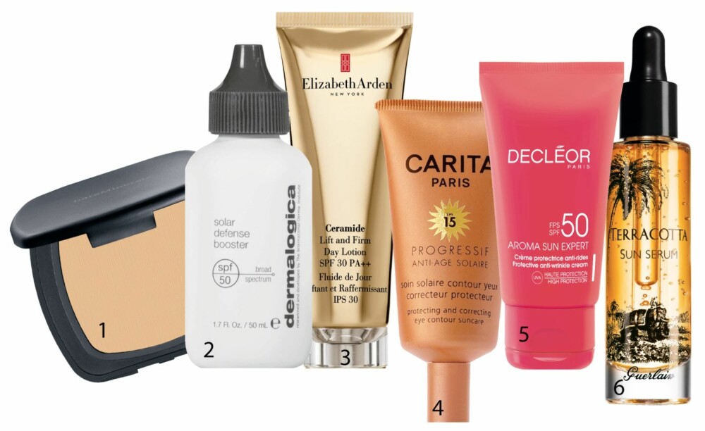 PRODUKTTIPS: 1.Ready Foundation,
spf 20, fra Bare Minerals, kr 489.Mineralbasert kompaktpudder som skal redusere synligheten av linjer, forbedre fuktbalansen og beskytte
mot sol og forurensing. 2. Solar Defense Booster, spf 50, fra Dermalogica, kr 590. Serum som kan brukes alene, blandes med
dagkrem eller under makeup for å gi ekstra god beskyttelse. 3. Ceramide Lift and Firm Day Cream, spf 30, fra Elizabeth Arden, kr 785.
Dagkrem med faktor som skal
beskytte og styrke huden, tilføre
ekstra fukt, samt stramme opp. 4. Protecting
and Correcting Eye Contour Suncare,
spf 15, fra
Carita, kr 469.
Svakt farget øyekrem som skal beskytte området rundt øynene mot UV-stråling, samt motvirke poser og
mørke ringer. 5. Protective Anti-Wrinkle Cream, faktor 50, fra
Decléor, kr 429.
Solkrem med høy beskyttelse og anti-age-egenskaper som skal gi raskere brunfarge og forebygge
uttørking og
aldringstegn. 6. Terrakotta Sun Serum fra Guerlain, kr 490.
To dråper serum blandes
med ansiktskrem for å gi
brunfargen en boost. Den
skal i tillegg bli dypere og sitte lenger, samt få ekstra glød. PRODUKTTIPS: 1.Ready Foundation,
spf 20, fra Bare Minerals, kr 489.Mineralbasert kompaktpudder som skal redusere synligheten av linjer, forbedre fuktbalansen og beskytte
mot sol og forurensing. 2. Solar Defense Booster, spf 50, fra Dermalogica, kr 590. Serum som kan brukes alene, blandes med
dagkrem eller under makeup for å gi ekstra god beskyttelse. 3. Ceramide Lift and Firm Day Cream, spf 30, fra Elizabeth Arden, kr 785.
Dagkrem med faktor som skal
beskytte og styrke huden, tilføre
ekstra fukt, samt stramme opp. 4. Protecting
and Correcting Eye Contour Suncare,
spf 15, fra
Carita, kr 469.
Svakt farget øyekrem som skal beskytte området rundt øynene mot UV-stråling, samt motvirke poser og
mørke ringer. 5. Protective Anti-Wrinkle Cream, faktor 50, fra
Decléor, kr 429.
Solkrem med høy beskyttelse og anti-age-egenskaper som skal gi raskere brunfarge og forebygge
uttørking og
aldringstegn. 6. Terrakotta Sun Serum fra Guerlain, kr 490.
To dråper serum blandes
med ansiktskrem for å gi
brunfargen en boost. Den
skal i tillegg bli dypere og sitte lenger, samt få ekstra glød.