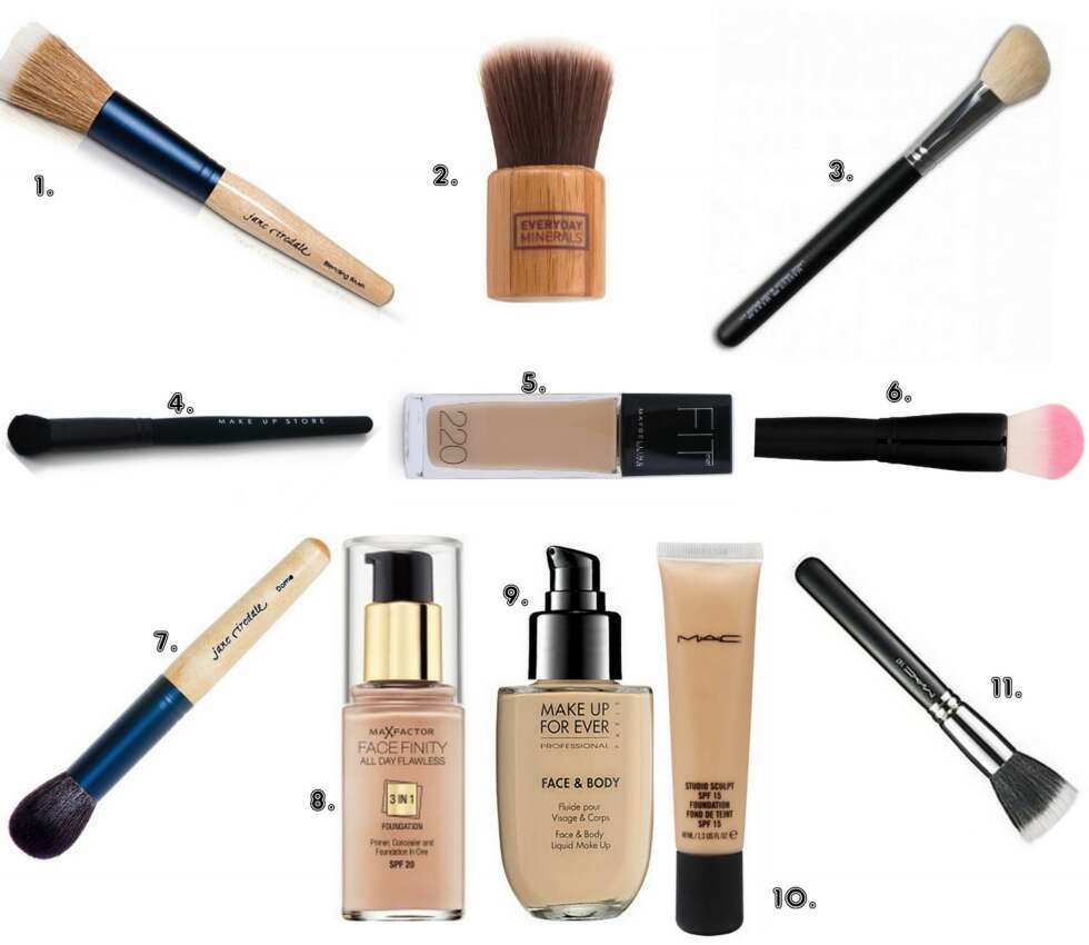 FOUNDATION: 1. Blending Brush fra Jane Iredale (kr 319), 2. Baby flat brush fra Everyday Minerals (kr 219), 3. Pro Large Angled Blush Brush #411 fra Makeup Mekka (kr 99), 4. Soft Touch #114 fra Make Up Store (kr 295), 5. Fit Me Foundation fra Maybelline kr 149, 6. Long Buki Brush fra MSCHIC (kr 219), 7. Dome kost fra Jane Iredale (kr 360), 8. Face & Body Foundation fra Make Up For Ever (kr 417), 9. Face & Body Foundation fra Make Up For Ever (kr 417), 10. Studio Sculpt Foundation fra MAC (kr 280), 11. Stippling kost #187 fra MAC (kr 395). FOUNDATION: 1. Blending Brush fra Jane Iredale (kr 319), 2. Baby flat brush fra Everyday Minerals (kr 219), 3. Pro Large Angled Blush Brush #411 fra Makeup Mekka (kr 99), 4. Soft Touch #114 fra Make Up Store (kr 295), 5. Fit Me Foundation fra Maybelline kr 149, 6. Long Buki Brush fra MSCHIC (kr 219), 7. Dome kost fra Jane Iredale (kr 360), 8. Face & Body Foundation fra Make Up For Ever (kr 417), 9. Face & Body Foundation fra Make Up For Ever (kr 417), 10. Studio Sculpt Foundation fra MAC (kr 280), 11. Stippling kost #187 fra MAC (kr 395).