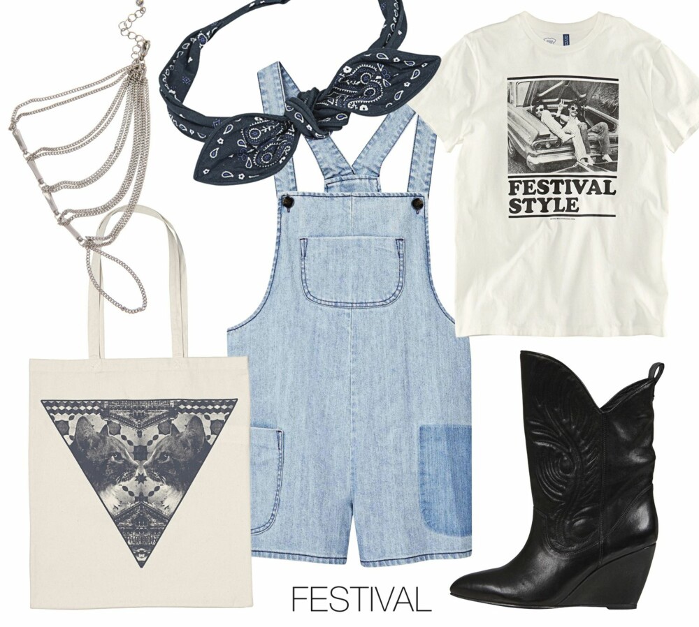 FESTIVAL: En snekkershorts kombinert med et par grove, kule boots og en t-skjorte med trykk gir deg den søte, men tøffe festivallooken som er så perfekt akkurat nå. Armbånd fra Cubus, kr 49. Nett fra Monki, kr 49. Bandana fra Bik Bok, kr 79. Snekkershorts fra Asos.com, kr 500. T-skjorte fra H&M, kr 99. Cowboy-boots fra Designers Remix, kr 3400. FESTIVAL: En snekkershorts kombinert med et par grove, kule boots og en t-skjorte med trykk gir deg den søte, men tøffe festivallooken som er så perfekt akkurat nå. Armbånd fra Cubus, kr 49. Nett fra Monki, kr 49. Bandana fra Bik Bok, kr 79. Snekkershorts fra Asos.com, kr 500. T-skjorte fra H&M, kr 99. Cowboy-boots fra Designers Remix, kr 3400.