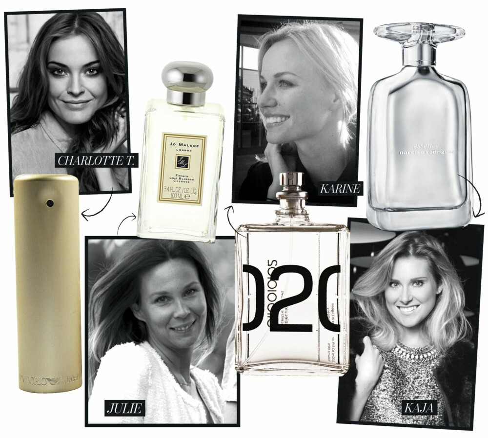 DET NYE-REDAKSJONENS FAVORITTER: Charlotte Thorstvedt (moteansvarlig) har falt for duften Emporio Armani Elle. Julie Botnen (skjønnhetsansvarlig) har parfymen Jo Malone French Lime Blossom som sin absolutte favoritt. Karine Thyness (journalist) synes Escentric Molecules 02 gjør henne litt tøffere og kulere, og Kaja Hagen (redigerer) digger Narciso Rodriguez Essence. DET NYE-REDAKSJONENS FAVORITTER: Charlotte Thorstvedt (moteansvarlig) har falt for duften Emporio Armani Elle. Julie Botnen (skjønnhetsansvarlig) har parfymen Jo Malone French Lime Blossom som sin absolutte favoritt. Karine Thyness (journalist) synes Escentric Molecules 02 gjør henne litt tøffere og kulere, og Kaja Hagen (redigerer) digger Narciso Rodriguez Essence.