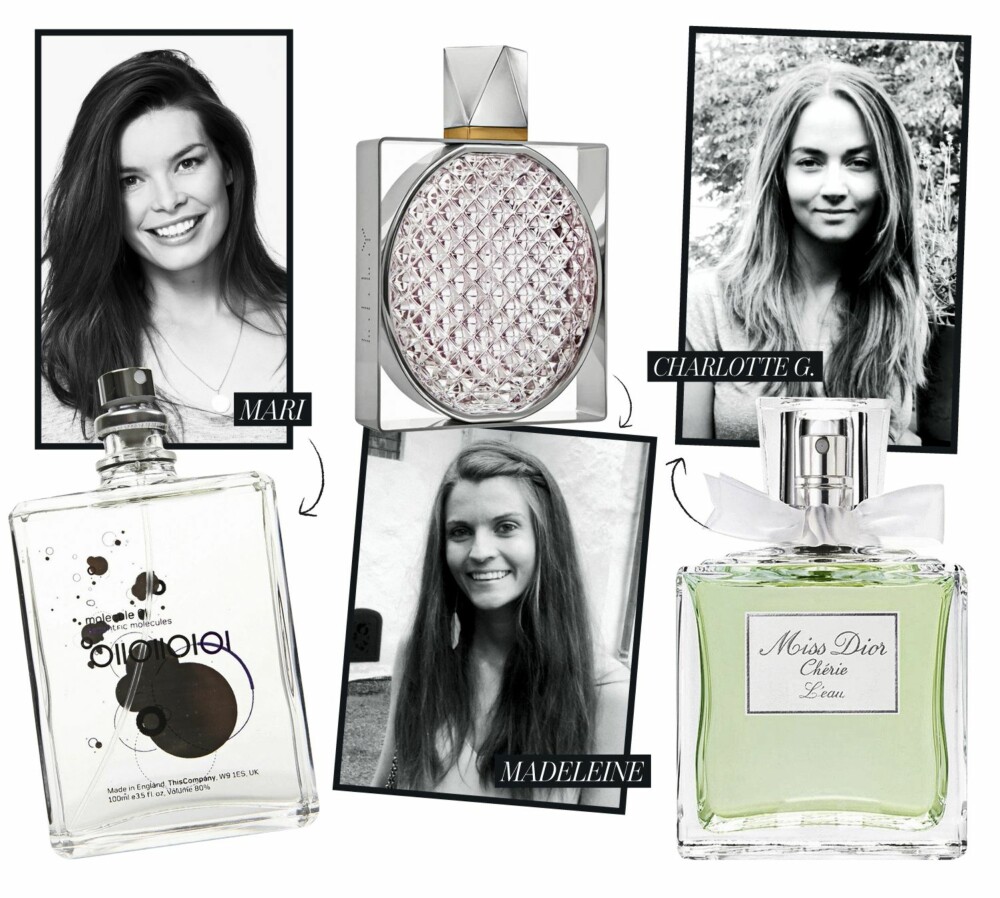 DET NYE-REDAKSJONENS FAVORITTER: Mari (redaktør) digger Escentric Molecules 01 fordi den lukter helt ulikt fra andre dufter. Madeleine (redaksjonssjef) har Stella McCartney Lily som sin favoritt, og Charlotte G. (redigerer) liker Miss Dior Cherie L'eau fordi den lukter av sol og sommer. DET NYE-REDAKSJONENS FAVORITTER: Mari (redaktør) digger Escentric Molecules 01 fordi den lukter helt ulikt fra andre dufter. Madeleine (redaksjonssjef) har Stella McCartney Lily som sin favoritt, og Charlotte G. (redigerer) liker Miss Dior Cherie L'eau fordi den lukter av sol og sommer.
