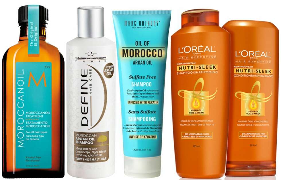 ARGANOLJE: Det florerer av produkter med arganolje på markedet. Her er bare et ørlite utvalg. Moroccan oil Treatment, kr 299, Define Moroccan Oil Shampoo, kr 57,50, Marc Anthony Oil of Morocco Argan Oil Shampoo, kr 119, L'Oréal Nutri-sleek shampoo og conditioner, kr 89 og 89. ARGANOLJE: Det florerer av produkter med arganolje på markedet. Her er bare et ørlite utvalg. Moroccan oil Treatment, kr 299, Define Moroccan Oil Shampoo, kr 57,50, Marc Anthony Oil of Morocco Argan Oil Shampoo, kr 119, L'Oréal Nutri-sleek shampoo og conditioner, kr 89 og 89.