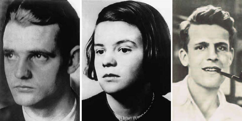 Søskenparet Hans (t.v.) og Sophie Scholl og vennen Christoph Probst delte ut løpesedler mot nazismen på universitetet i München og skrev slagord mot Hitlers regime på veggene i byen. De ble avslørt og umiddelbart halshugget. Søskenparet Hans (t.v.) og Sophie Scholl og vennen Christoph Probst delte ut løpesedler mot nazismen på universitetet i München og skrev slagord mot Hitlers regime på veggene i byen. De ble avslørt og umiddelbart halshugget.