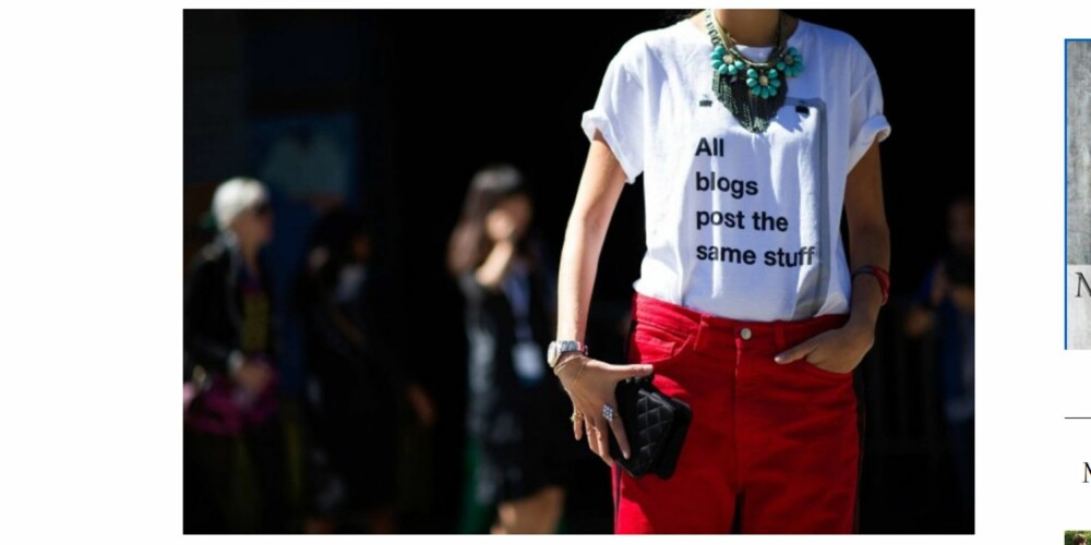 SI DET DU MENER: Denne ærlige t-skjorten fra American Apparel med budskapet: «All blogs post the same stuff» har blitt en skikkelig snakkis. SI DET DU MENER: Denne ærlige t-skjorten fra American Apparel med budskapet: «All blogs post the same stuff» har blitt en skikkelig snakkis.