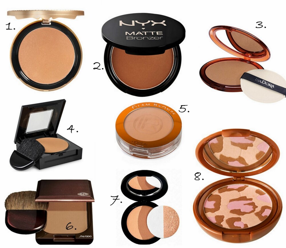 BRONZER: 1. 16H Stay All Day Bronze fra Too Faced (kr 329), 2. Matte Face & Body Bronzer fra Nyx Cosmetics (kr 159), 3. Bronzing Powder fra Isadora (kr 160), 4. Fit Me Bronzer fra Maybelline (kr 129), 5. Glam Bronze Mono fra L'Oréal Paris (kr 145), 6. Bronzing Powder fra Shiseido (kr 399), 7. Bronze Duo fra Glo Minerals (kr 449), 8. Tango With Bronzer Powder fra Nyx Cosmetics (kr 249). BRONZER: 1. 16H Stay All Day Bronze fra Too Faced (kr 329), 2. Matte Face & Body Bronzer fra Nyx Cosmetics (kr 159), 3. Bronzing Powder fra Isadora (kr 160), 4. Fit Me Bronzer fra Maybelline (kr 129), 5. Glam Bronze Mono fra L'Oréal Paris (kr 145), 6. Bronzing Powder fra Shiseido (kr 399), 7. Bronze Duo fra Glo Minerals (kr 449), 8. Tango With Bronzer Powder fra Nyx Cosmetics (kr 249).