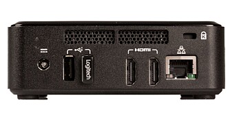 KONTAKTER: To HDMI, tre USB 2.0 (den ene i front) og Gigabit Ethernet er alt du trenger av kontakter til stuebruk. Vårt testeksemplar var i tillegg utstyrt med trådløst kort med WiFi og Bluetooth. KONTAKTER: To HDMI, tre USB 2.0 (den ene i front) og Gigabit Ethernet er alt du trenger av kontakter til stuebruk. Vårt testeksemplar var i tillegg utstyrt med trådløst kort med WiFi og Bluetooth.