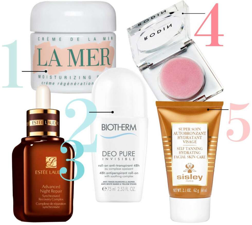 JA, JA, JA: 1. Legendarisk ansiktskrem fra La Mer, kr 1960. 2. Den perfekte deodoranten fra Biotherm, kr 190. 3. Olje som gjør huden mykere fra Estée Lauder, kr 845. 4. Fuktighetsgivende leppebalsam fra Rodin Olio Lusso, kr 250. Selvbruner fra Sisley, kr 770. JA, JA, JA: 1. Legendarisk ansiktskrem fra La Mer, kr 1960. 2. Den perfekte deodoranten fra Biotherm, kr 190. 3. Olje som gjør huden mykere fra Estée Lauder, kr 845. 4. Fuktighetsgivende leppebalsam fra Rodin Olio Lusso, kr 250. Selvbruner fra Sisley, kr 770.