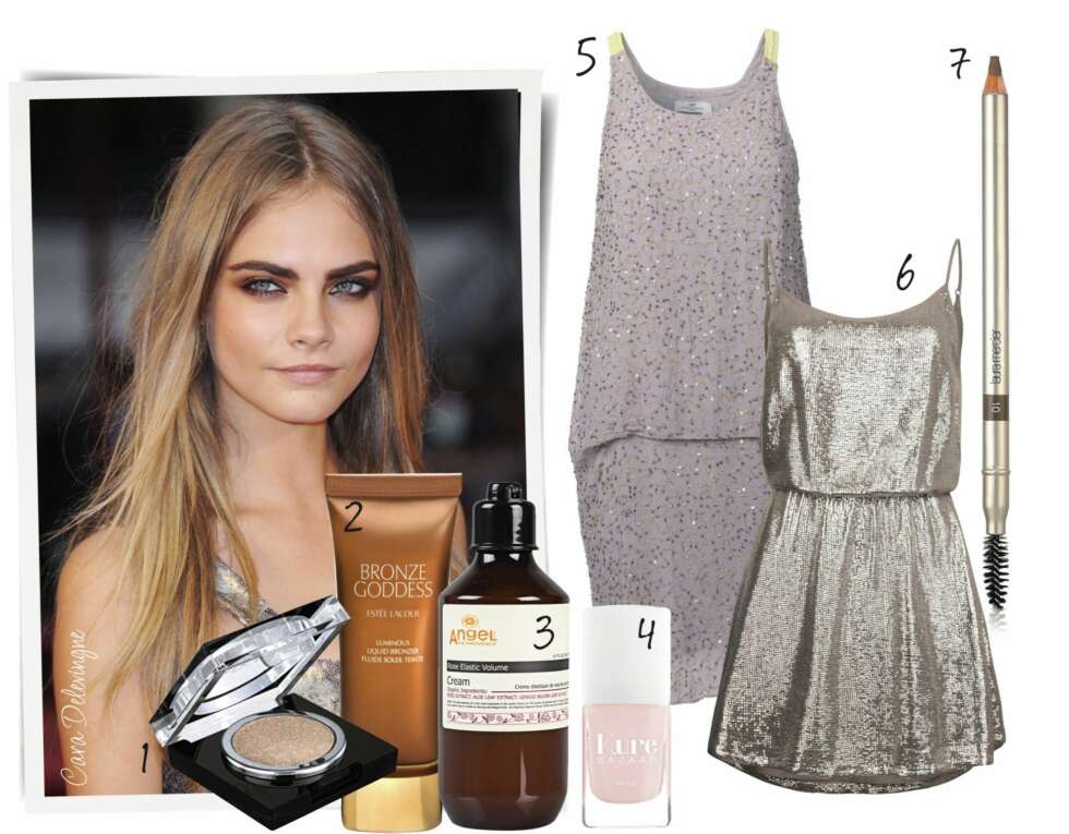 GYLLEN OG SEXY: 1. Øyeskygge fra Isadora i fargen golden sand, kr 129,- 2. Luminious Liquid Bronzer fra Estée Lauder, kr 365,- 3. Rose Elastic Volume Cream fra Angel Haircare, kr 149,- 4. Neglelakk i fargen rose milk fra Kure Bazaar, kr 155,- 5. Kjole fra Day Birger et Mikkelsen, kr 2700,- 6. Kjole fra Bik Bok, kr 499,-7. Øyebrynsblyant fra Laura Mercier, kr 200,- GYLLEN OG SEXY: 1. Øyeskygge fra Isadora i fargen golden sand, kr 129,- 2. Luminious Liquid Bronzer fra Estée Lauder, kr 365,- 3. Rose Elastic Volume Cream fra Angel Haircare, kr 149,- 4. Neglelakk i fargen rose milk fra Kure Bazaar, kr 155,- 5. Kjole fra Day Birger et Mikkelsen, kr 2700,- 6. Kjole fra Bik Bok, kr 499,-7. Øyebrynsblyant fra Laura Mercier, kr 200,-