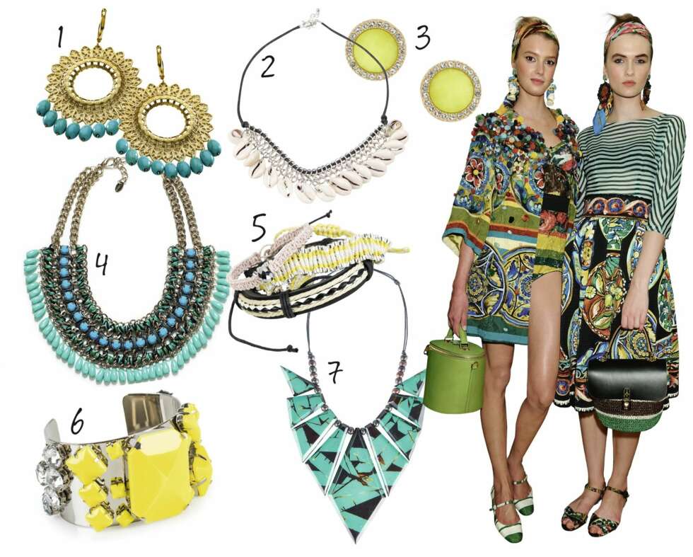 HER ER DET BARE Å VELGE OG VELGE!: 1. Øredobber fra Marte Frisnes Jewellery, kr 1160,- 2. Skjellsmykke fra Vivikes, kr 79,- 3. Gule øredobber fra Accessorize, kr 65,- 4. Statementsmykke fra Zara, kr 299,- 5. Armbånd fra Day Birger et Mikkelsen, kr 700,- 6. Armbånd fra By Malene Birger, kr 899,- 7. Statementsmykke fra Indiska, kr 99,- Modellene er fra Dolce & Gabbana. HER ER DET BARE Å VELGE OG VELGE!: 1. Øredobber fra Marte Frisnes Jewellery, kr 1160,- 2. Skjellsmykke fra Vivikes, kr 79,- 3. Gule øredobber fra Accessorize, kr 65,- 4. Statementsmykke fra Zara, kr 299,- 5. Armbånd fra Day Birger et Mikkelsen, kr 700,- 6. Armbånd fra By Malene Birger, kr 899,- 7. Statementsmykke fra Indiska, kr 99,- Modellene er fra Dolce & Gabbana.