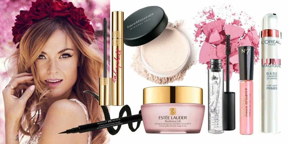 FÅ COVERLOOKEN: Fra venstre: 1. Estée Lauder Resilience Lift Creme, kr 595. 2. LOréal Lumi Magique primer, kr 179. 3. BareMinerals Mineral Foundation, kr 449. 4. Makeup Mekka Ultimate Water resistant Eyeliner5. YSL Baby doll mascara, kr 290. 6. The Body Shop Cheek colour, kr 139. 7. No 7 High Shine lipgloss, kr 109. 8. Mac Brow Set, kr 150. FÅ COVERLOOKEN: Fra venstre: 1. Estée Lauder Resilience Lift Creme, kr 595. 2. LOréal Lumi Magique primer, kr 179. 3. BareMinerals Mineral Foundation, kr 449. 4. Makeup Mekka Ultimate Water resistant Eyeliner5. YSL Baby doll mascara, kr 290. 6. The Body Shop Cheek colour, kr 139. 7. No 7 High Shine lipgloss, kr 109. 8. Mac Brow Set, kr 150.