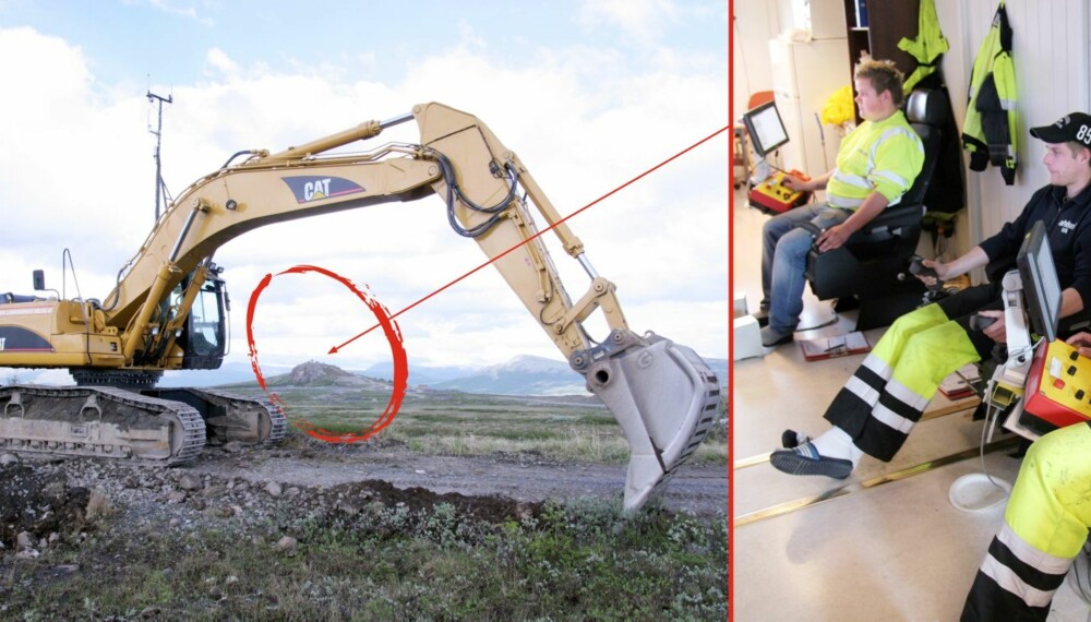 Denne 40-tonns graveren blir fjernstyrt fra containeren som skimtes på haugen bak. Denne 40-tonns graveren blir fjernstyrt fra containeren som skimtes på haugen bak.