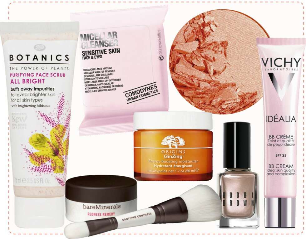 ENERGIBOOST: Fra venstre: Purifying Face Scrub All bright fra Botanics/ Boots, kr 69. Micellar Cleanser fra Comodynes, kr 49.
Redness Remedy fra bare Minerals, kr 549. GinZing Energy-boosting moisturizer fra Origins, kr 210. Be Mine Clementine fra The Body Shop, kr 115. Neglelakk fra Bobbi Brown, kr 175. Idéalia BB Creme fra Vichy, kr 249. ENERGIBOOST: Fra venstre: Purifying Face Scrub All bright fra Botanics/ Boots, kr 69. Micellar Cleanser fra Comodynes, kr 49.
Redness Remedy fra bare Minerals, kr 549. GinZing Energy-boosting moisturizer fra Origins, kr 210. Be Mine Clementine fra The Body Shop, kr 115. Neglelakk fra Bobbi Brown, kr 175. Idéalia BB Creme fra Vichy, kr 249.