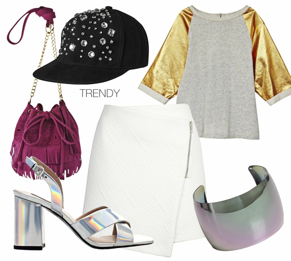 TRENDY: Ønsker du en trendy look, kan du kombinere capsen med plagg i en avslappet stil, og tilføre et par metalliske sandaler med høye hæler for å gi antrekket "det lille ekstra". Caps fra Monki, kr 199. Genser fra Asos.com, kr 399. Veske fra Asos.com, kr 450. Metalliske sandaler fra Zara, kr 679. Skjørt fra Asos.com, kr 300. Armbånd fra Bik Bok, kr 80. TRENDY: Ønsker du en trendy look, kan du kombinere capsen med plagg i en avslappet stil, og tilføre et par metalliske sandaler med høye hæler for å gi antrekket "det lille ekstra". Caps fra Monki, kr 199. Genser fra Asos.com, kr 399. Veske fra Asos.com, kr 450. Metalliske sandaler fra Zara, kr 679. Skjørt fra Asos.com, kr 300. Armbånd fra Bik Bok, kr 80.