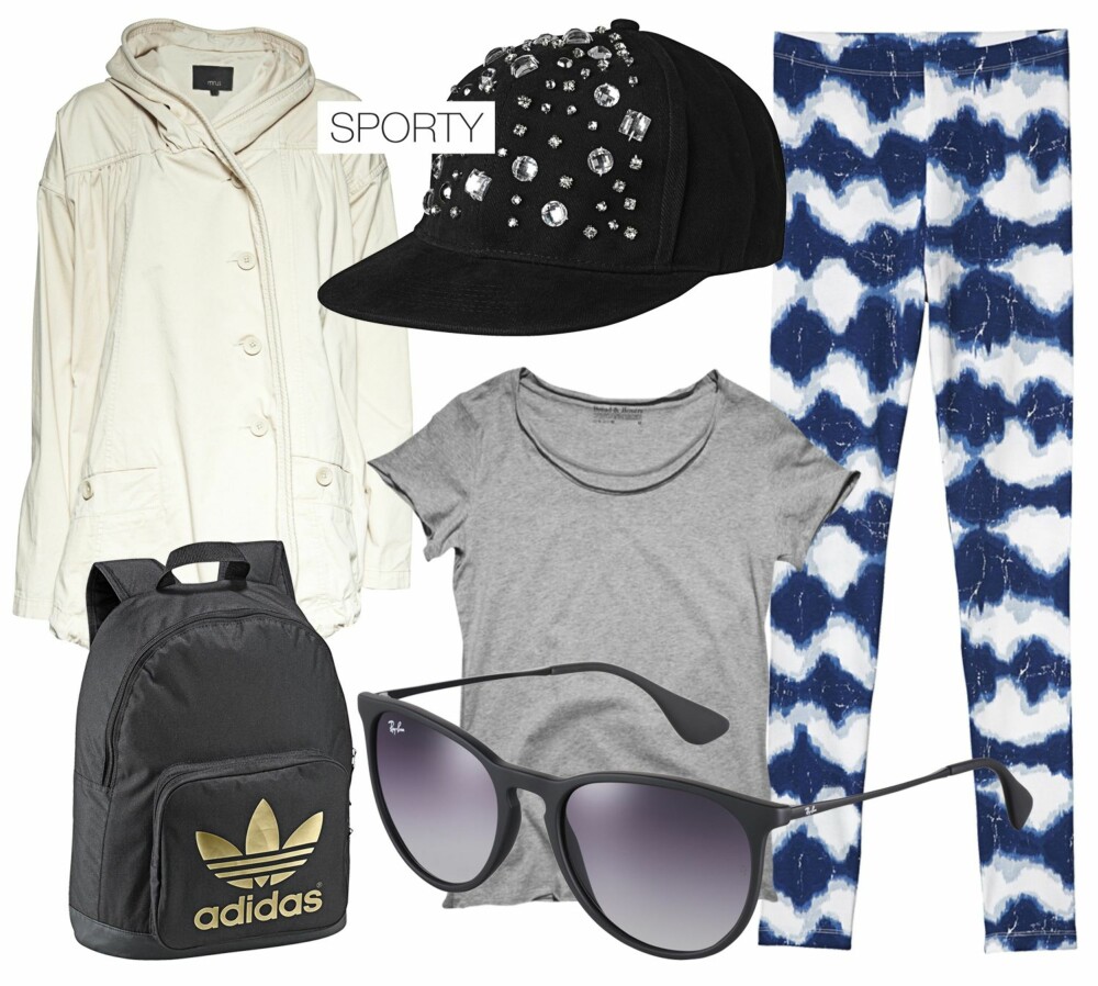 SPORTY: Kjør en gjennomført sporty look sammen med det moteriktige hodeplagget. En spennende tights med mønster tilfører antrekket litt spenning. En ryggsekk og et par enkle solbriller får deg til å se både kul og avslappet ut. Jakke fra Minus, kr 1299. Caps fra Monki, kr 199. Tights fra Monki, kr 149. Ryggsekk fra Adidas, kr 350. T-skjorte fra Bread & Boxers, kr 199. Solbriller fra Ray Ban, kr 1075. SPORTY: Kjør en gjennomført sporty look sammen med det moteriktige hodeplagget. En spennende tights med mønster tilfører antrekket litt spenning. En ryggsekk og et par enkle solbriller får deg til å se både kul og avslappet ut. Jakke fra Minus, kr 1299. Caps fra Monki, kr 199. Tights fra Monki, kr 149. Ryggsekk fra Adidas, kr 350. T-skjorte fra Bread & Boxers, kr 199. Solbriller fra Ray Ban, kr 1075.