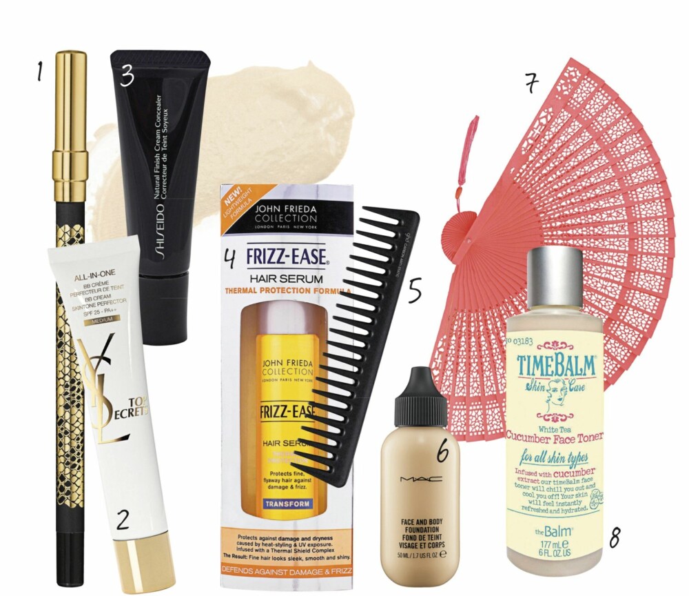 HOT I HETEN: 1. Fatal Blacks Eyepencil fra Helena Rubinstein, kr 210,- 2. Top Secrets BB-Créme fra YSL, kr 375,- 3. Natural Finish Cream Concealer fra Shiseido, kr 319,- 4. John Frieda Frizz Ease Thermal Protection Serum, kr 129,- 5. Grovtannet kam fra ghd, kr 119,- 6. Face & Body foundation fra MAC, kr 290,- 7. Vifte fra Accessorize, kr 49,- 8. Cucumber Face Mist fra The Balm, kr 219,- HOT I HETEN: 1. Fatal Blacks Eyepencil fra Helena Rubinstein, kr 210,- 2. Top Secrets BB-Créme fra YSL, kr 375,- 3. Natural Finish Cream Concealer fra Shiseido, kr 319,- 4. John Frieda Frizz Ease Thermal Protection Serum, kr 129,- 5. Grovtannet kam fra ghd, kr 119,- 6. Face & Body foundation fra MAC, kr 290,- 7. Vifte fra Accessorize, kr 49,- 8. Cucumber Face Mist fra The Balm, kr 219,-