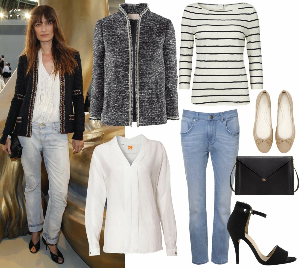 SLIK FÅR DU STILEN: Den franske skjønnheten Caroline de Maigret, mestrer den fantastiske looken ut til fingerspissene. Antrekket kan brukes til både hverdags og fest, og de høye hælene kan fint byttes ut med et par lave ballerinasko om du ønsker å dresse litt ned. Øverst fra venstre: Jakke fra H&M, kr 599. Stripete genser fra InWear, kr 499. Hvit skjorte fra Boss Orange, kr 1295. Jeans fra Zara, kr 559. Ballerinasko fra Zara, kr 299. Veske fra Zara, kr 399. Sko fra Nly Shoes, kr 379. SLIK FÅR DU STILEN: Den franske skjønnheten Caroline de Maigret, mestrer den fantastiske looken ut til fingerspissene. Antrekket kan brukes til både hverdags og fest, og de høye hælene kan fint byttes ut med et par lave ballerinasko om du ønsker å dresse litt ned. Øverst fra venstre: Jakke fra H&M, kr 599. Stripete genser fra InWear, kr 499. Hvit skjorte fra Boss Orange, kr 1295. Jeans fra Zara, kr 559. Ballerinasko fra Zara, kr 299. Veske fra Zara, kr 399. Sko fra Nly Shoes, kr 379.