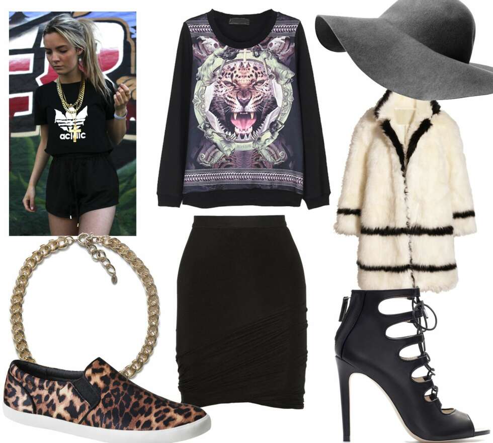 HØSTFAVORITTER: Slik vil Martine kle seg i høst. Fra venstre: smykke fra Zara (kr 179), sko med leopardprint fra H&M (kr 299), genser med trykk fra Choies.com (kr 212), skjørt fra T by Alexander Wang hos Carpediiem.no kr 1249, hatt fra H&M (kr 199), kåpe fra H&M (kr 599), sandaler med knyting fra Zara (kr 679). HØSTFAVORITTER: Slik vil Martine kle seg i høst. Fra venstre: smykke fra Zara (kr 179), sko med leopardprint fra H&M (kr 299), genser med trykk fra Choies.com (kr 212), skjørt fra T by Alexander Wang hos Carpediiem.no kr 1249, hatt fra H&M (kr 199), kåpe fra H&M (kr 599), sandaler med knyting fra Zara (kr 679).